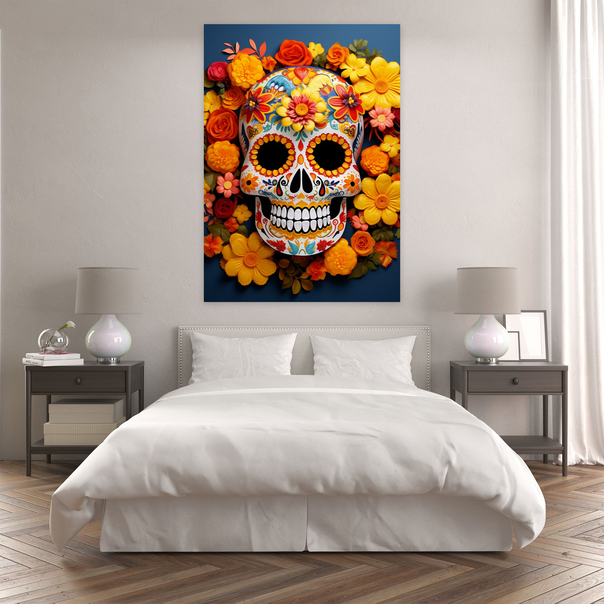 Los Muertos Canvas Print - Los Muertos, Marigold Flowers, Wall Decoration, Mexican Folk Art
