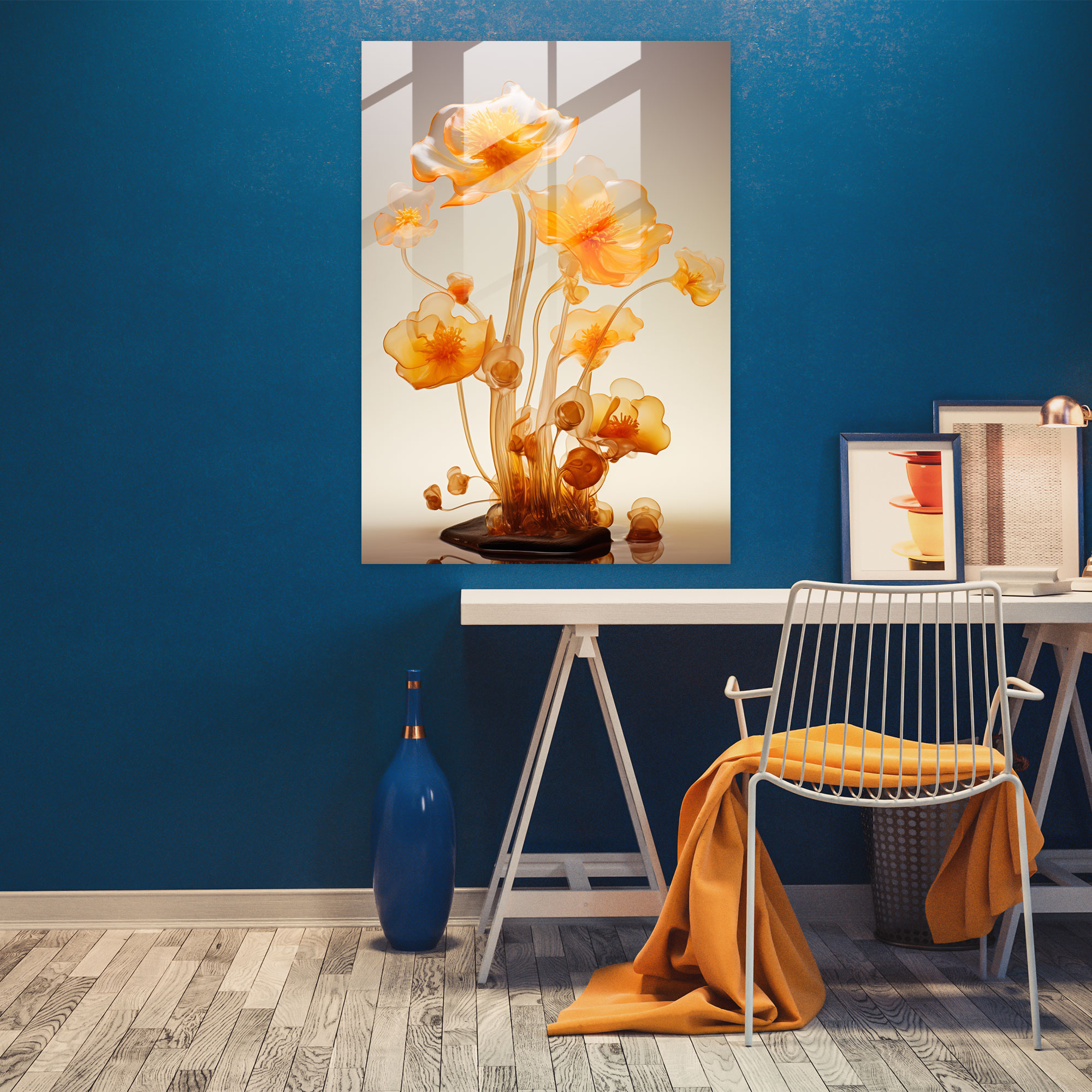 Dreamlike Spirits Glass Print - Los Muertos, Glass Art, Floating Marigold Petals, Wall Decoration