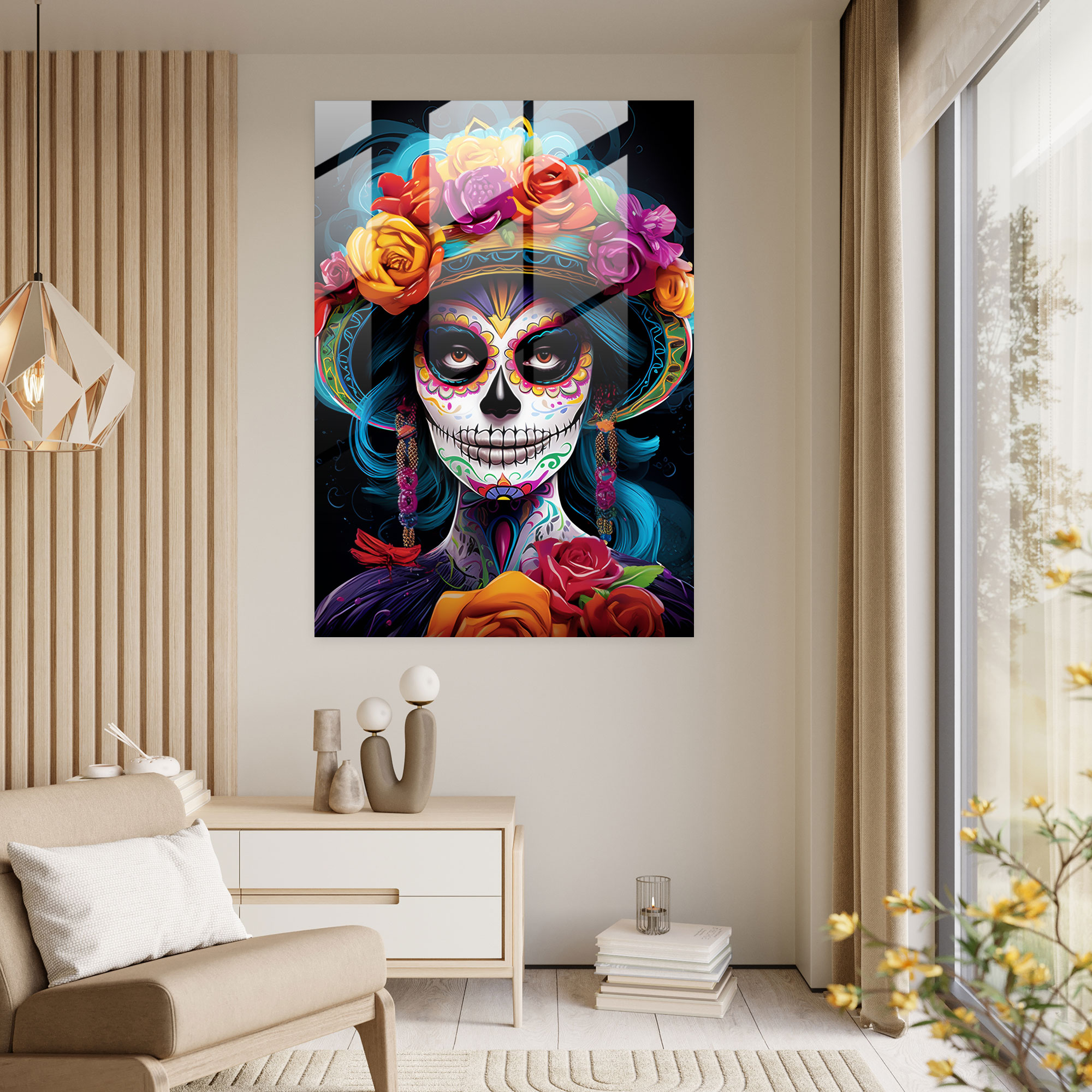 Bold La Calavera Catrina Glass Print - Los Muertos, Wall Decoration, Home Decoration, Glass Art