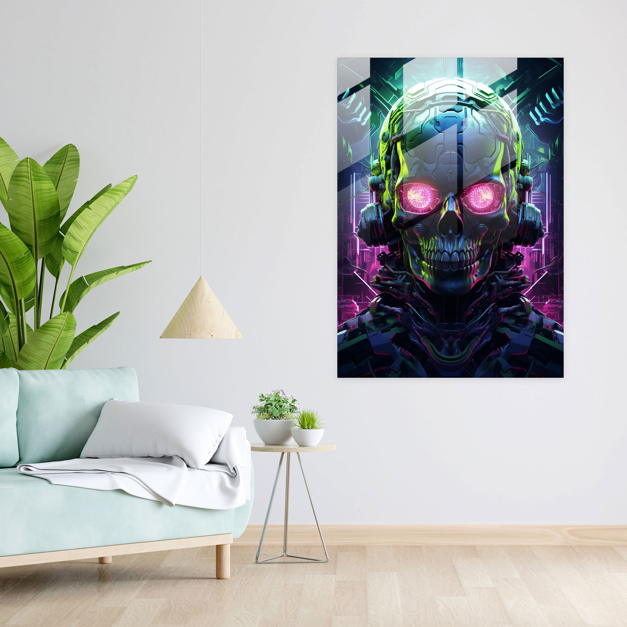Cyberpunk Neon Skull Glass Print - Los Muertos, Glass Wall Art, Cyberpunk, Modern Art