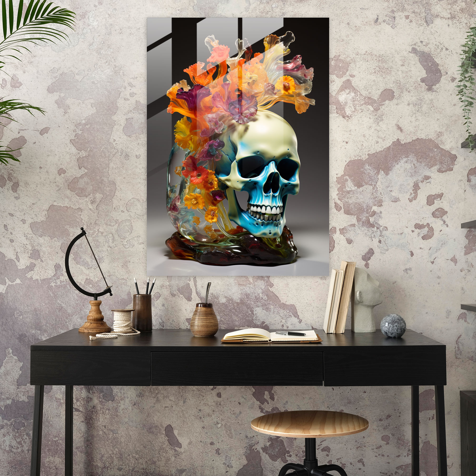 Los Muertos Cam Sanat - Çiçekler Duvar Süsü Cam Tablo