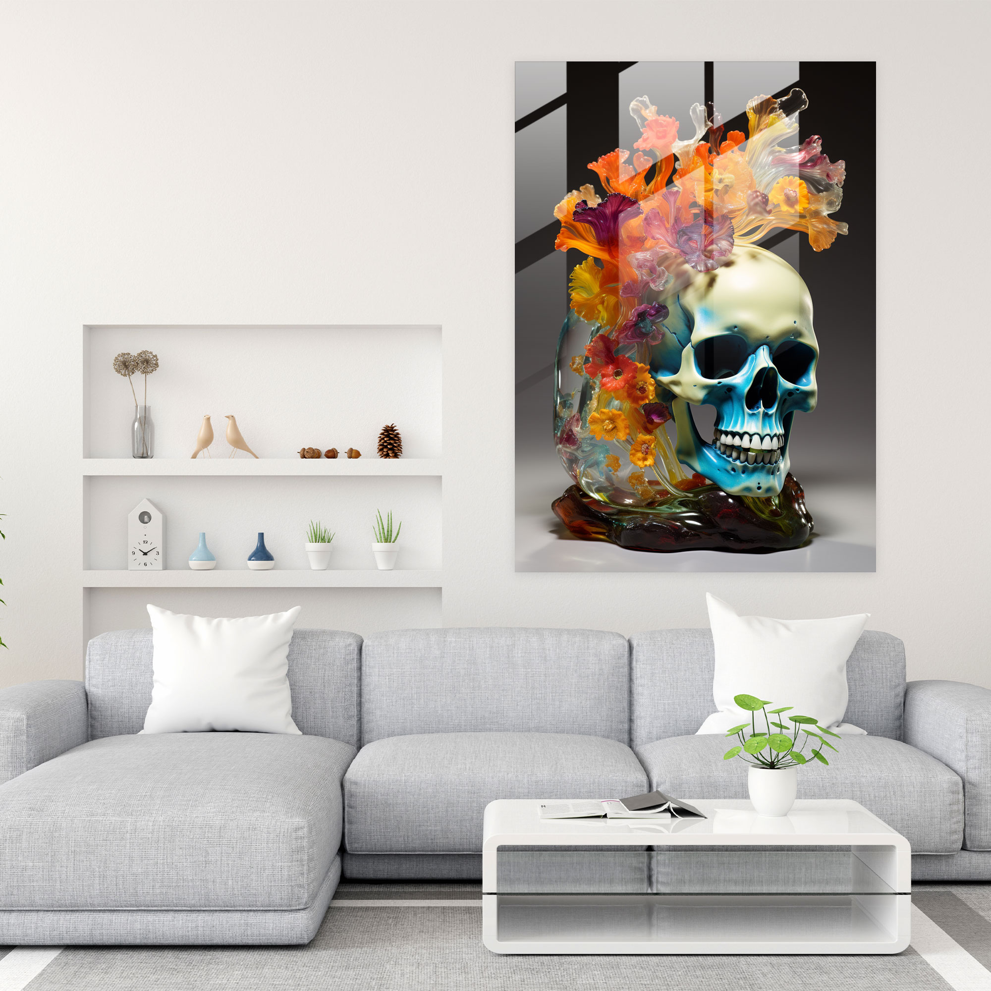 Los Muertos Cam Sanat - Çiçekler Duvar Süsü Cam Tablo