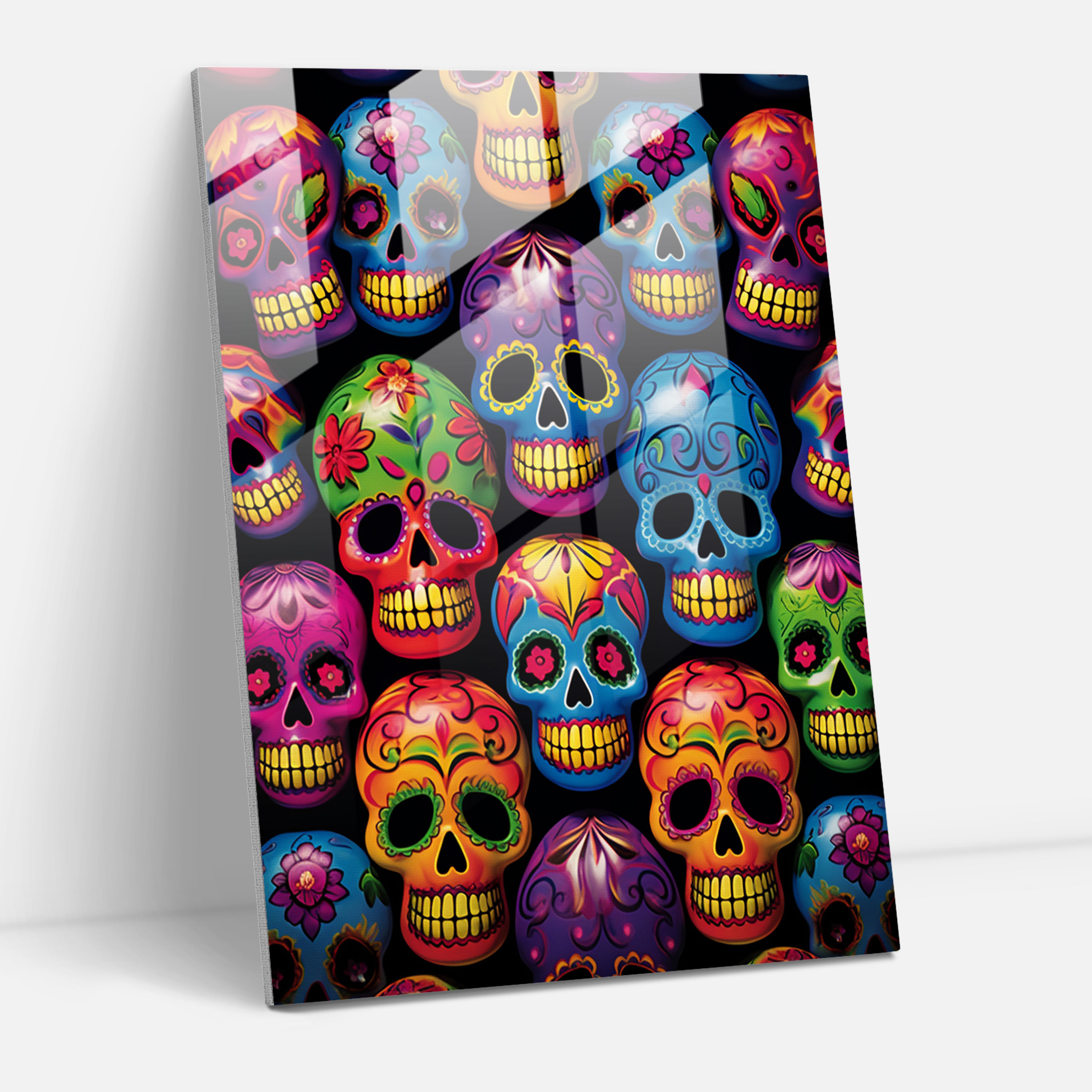 Los Muertos Pop Art Cam Tablo - Modern Sanat Duvar Dekorasyonu Renkli Şeker Kafatasları