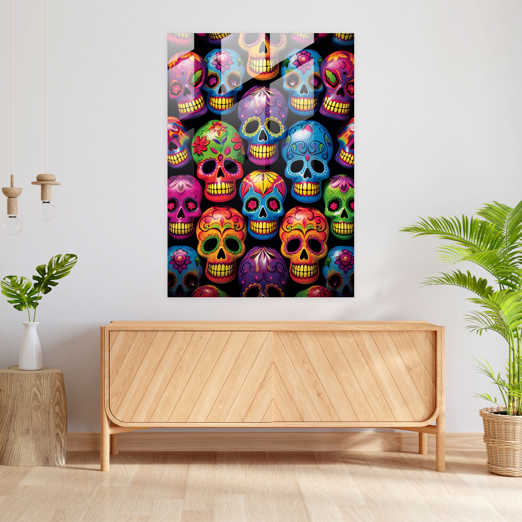 Los Muertos Pop Art Cam Tablo - Modern Sanat Duvar Dekorasyonu Renkli Şeker Kafatasları