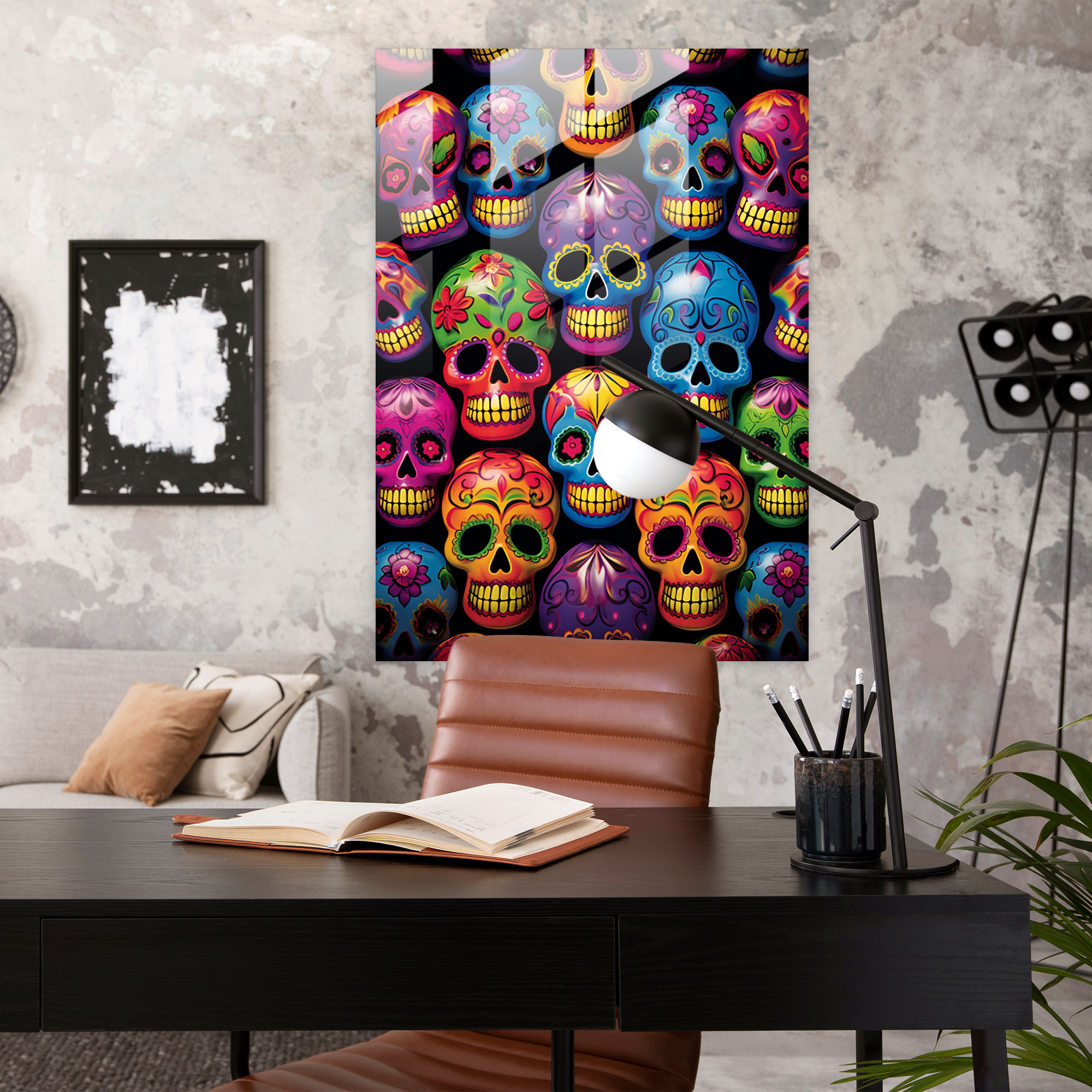 Los Muertos Pop Art Cam Tablo - Modern Sanat Duvar Dekorasyonu Renkli Şeker Kafatasları