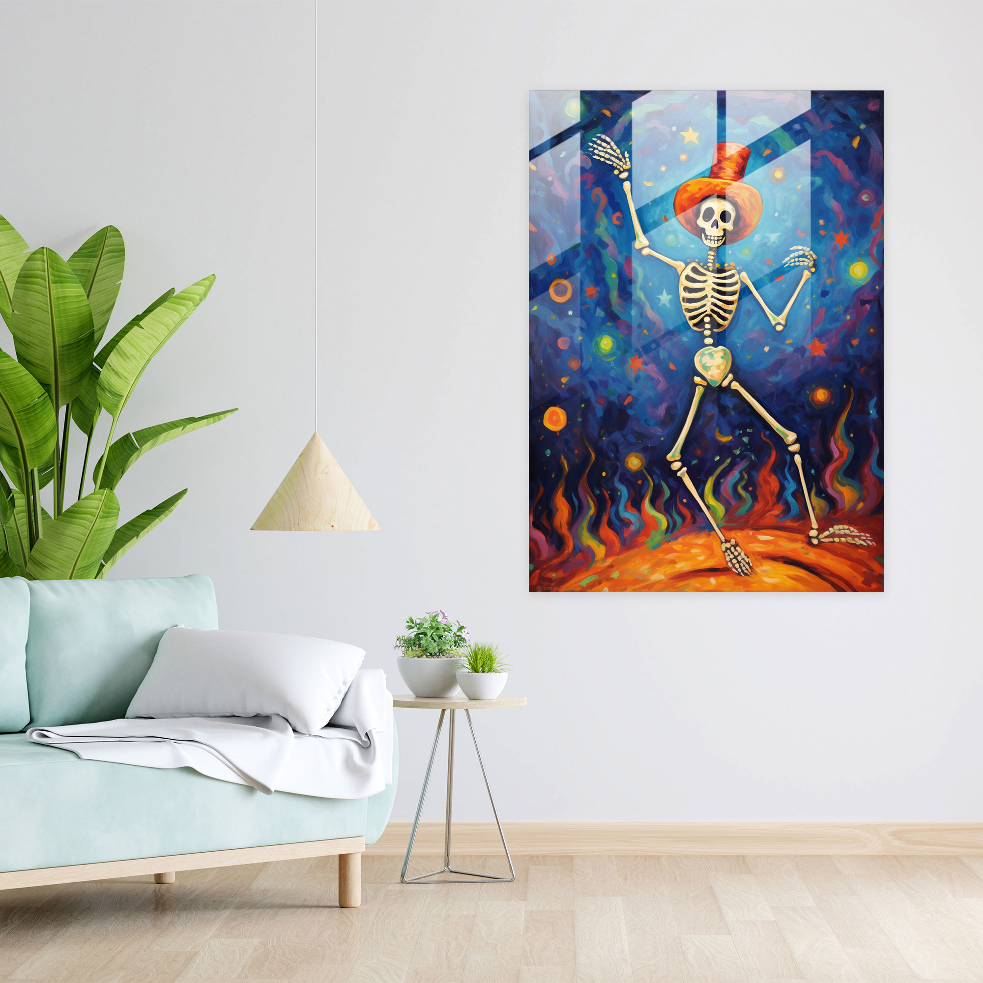 Joyful Dancing Skeleton Glass Print - Los Muertos, Glass Print, Home Decoration, Vibrant Spirit