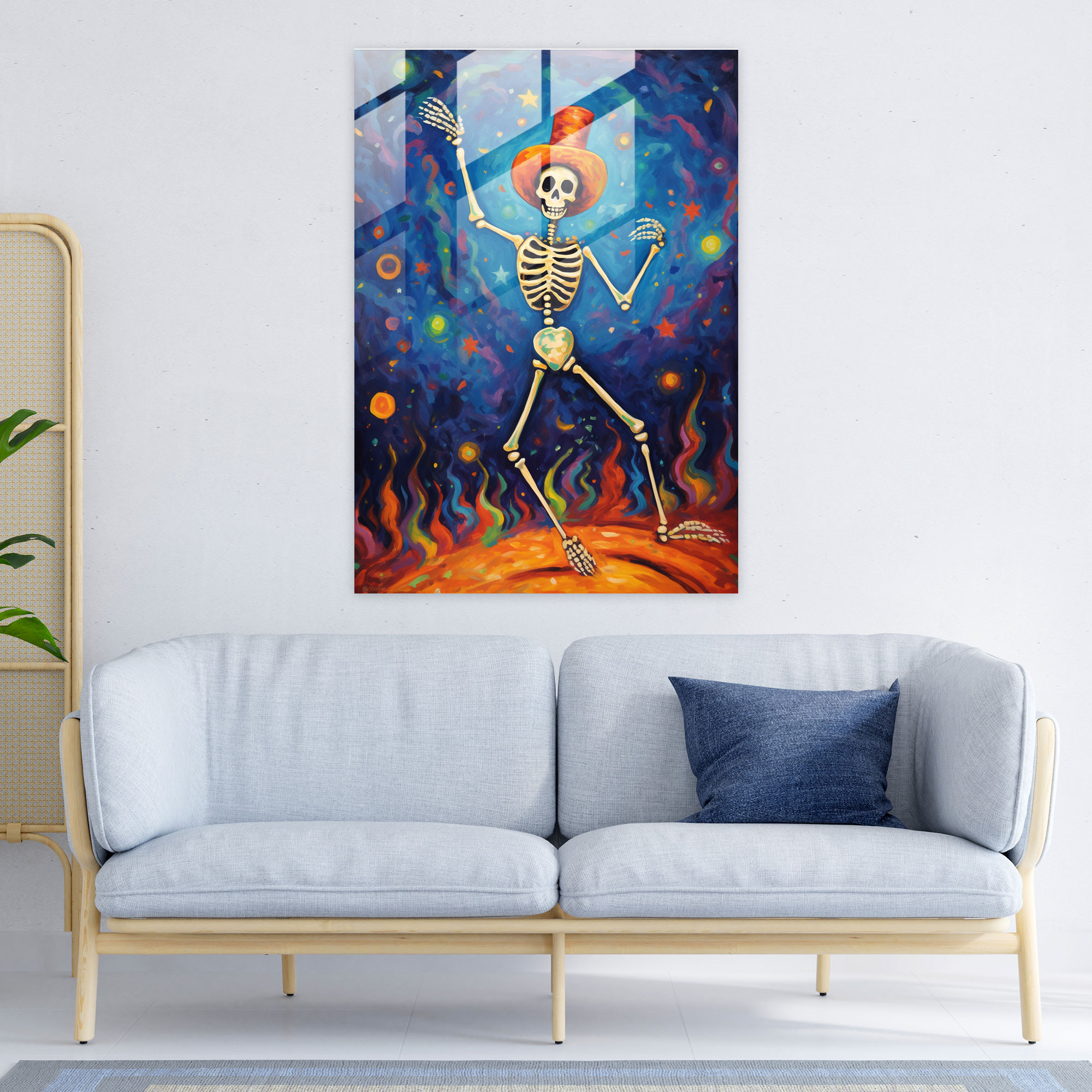 Joyful Dancing Skeleton Glass Print - Los Muertos, Glass Print, Home Decoration, Vibrant Spirit