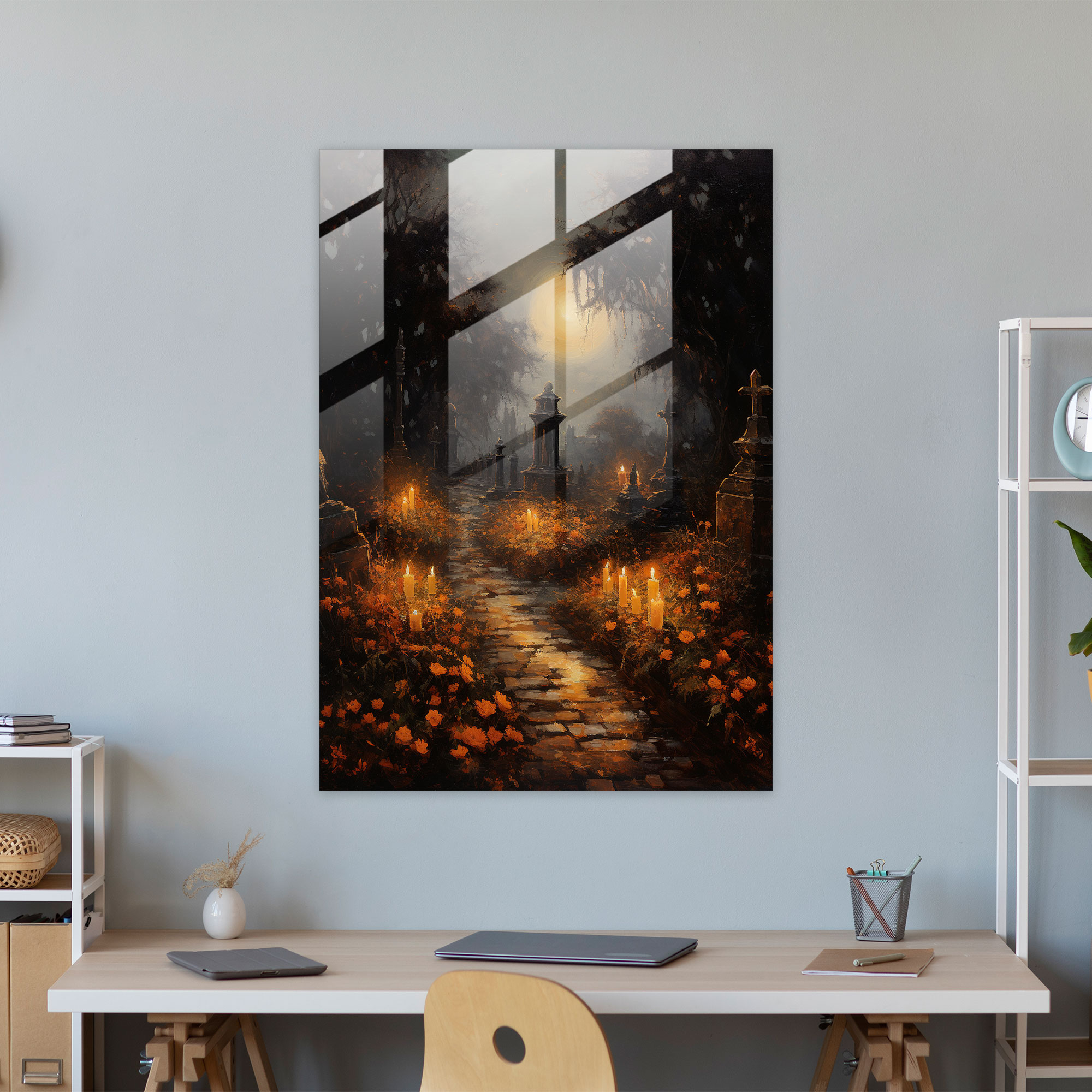Los Muertos Modern Art - Los Muertos, Glass Wall Art, Impressionist Painting, Serene Cemetery