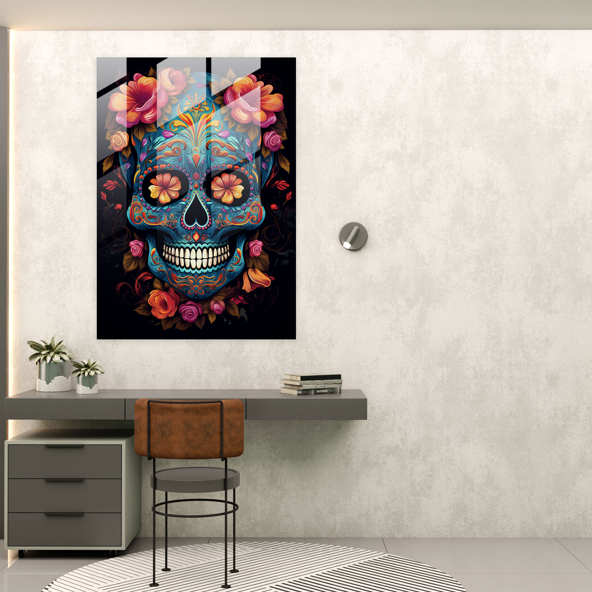 Floral Sugar Skull Glass Print - Los Muertos, Captivating, Contemporary Aesthetics, Modern Art
