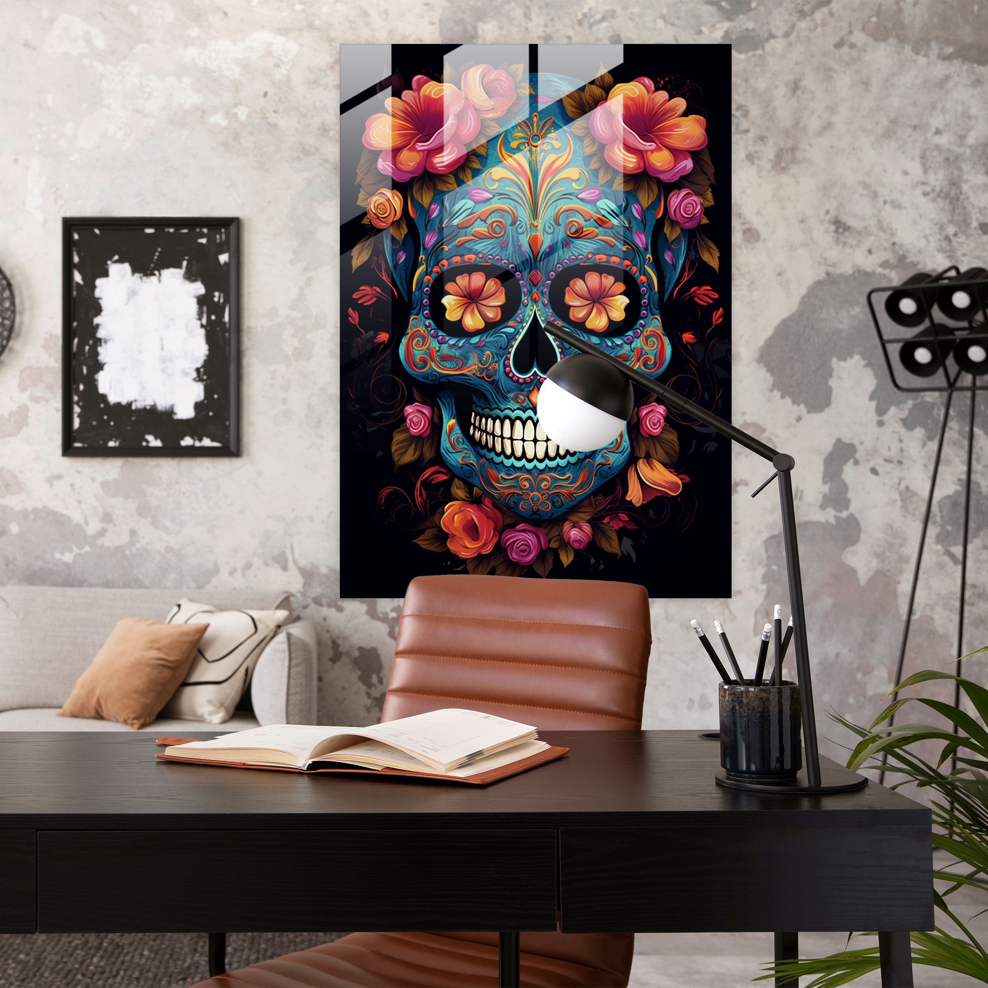 Floral Sugar Skull Glass Print - Los Muertos, Captivating, Contemporary Aesthetics, Modern Art