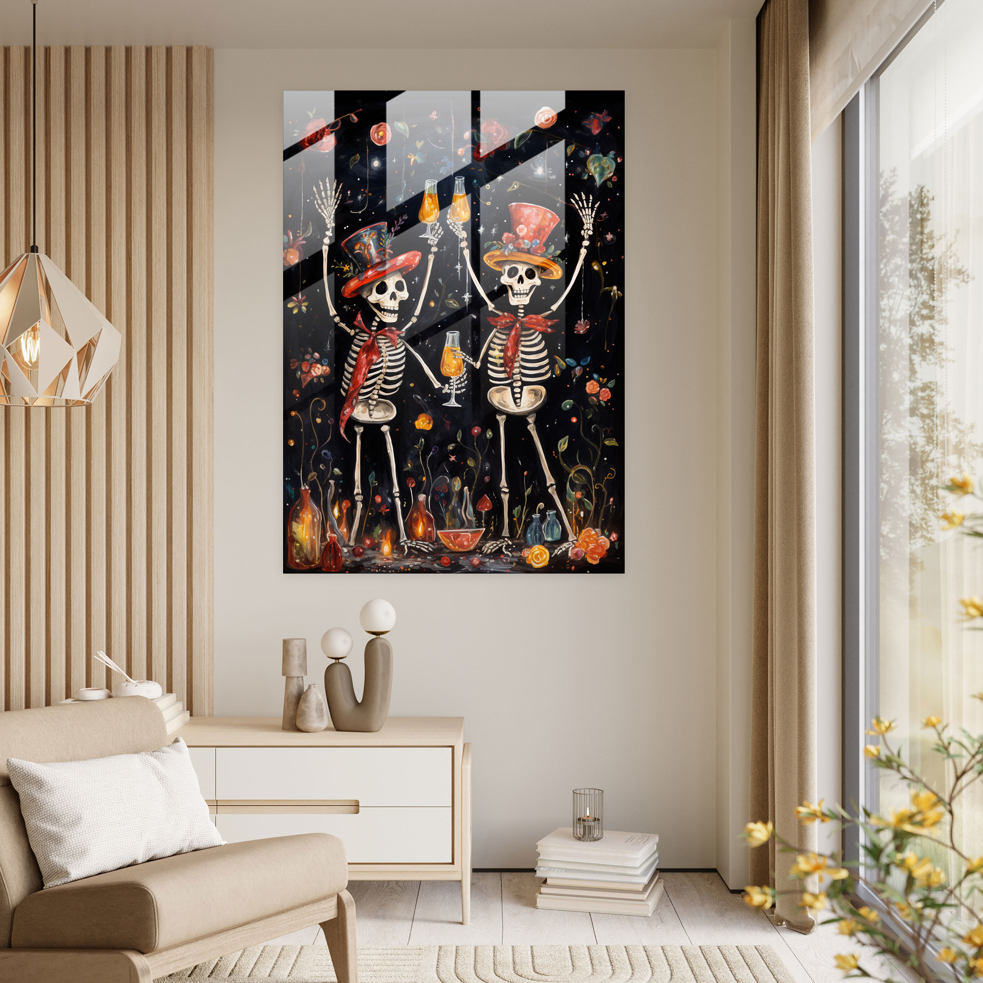 Joyful Skeletons Glass Print - Los Muertos, Modern Art, Wall Decoration, Festive Decorations