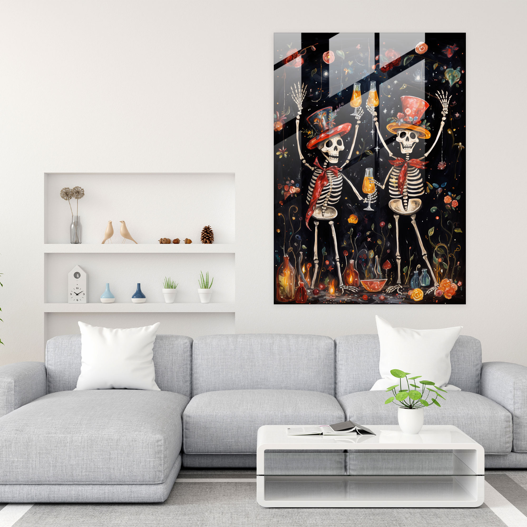 Joyful Skeletons Glass Print - Los Muertos, Modern Art, Wall Decoration, Festive Decorations