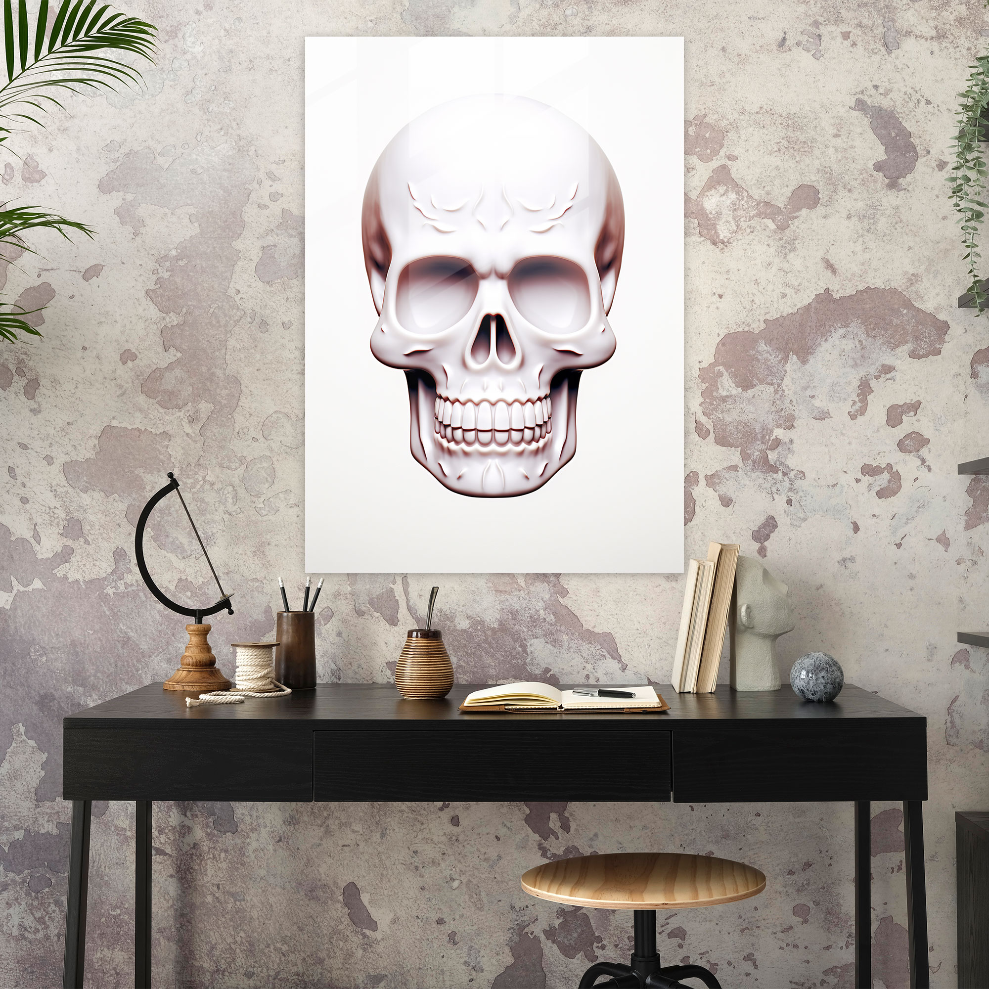 Minimalist Sugar Skull Glass Print - Los Muertos, Understated Design, Clean White Background, Glass Print