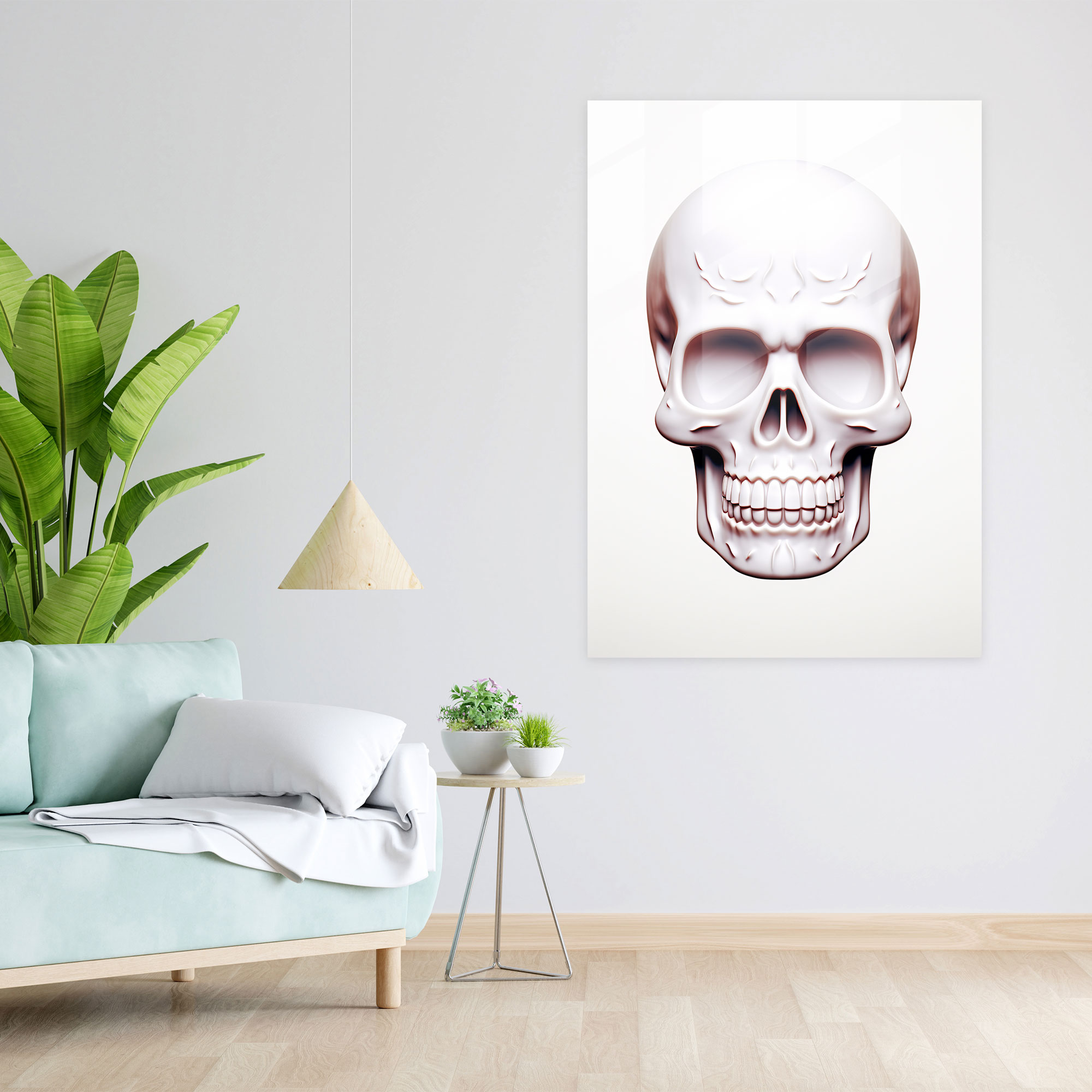 Minimalist Sugar Skull Glass Print - Los Muertos, Understated Design, Clean White Background, Glass Print