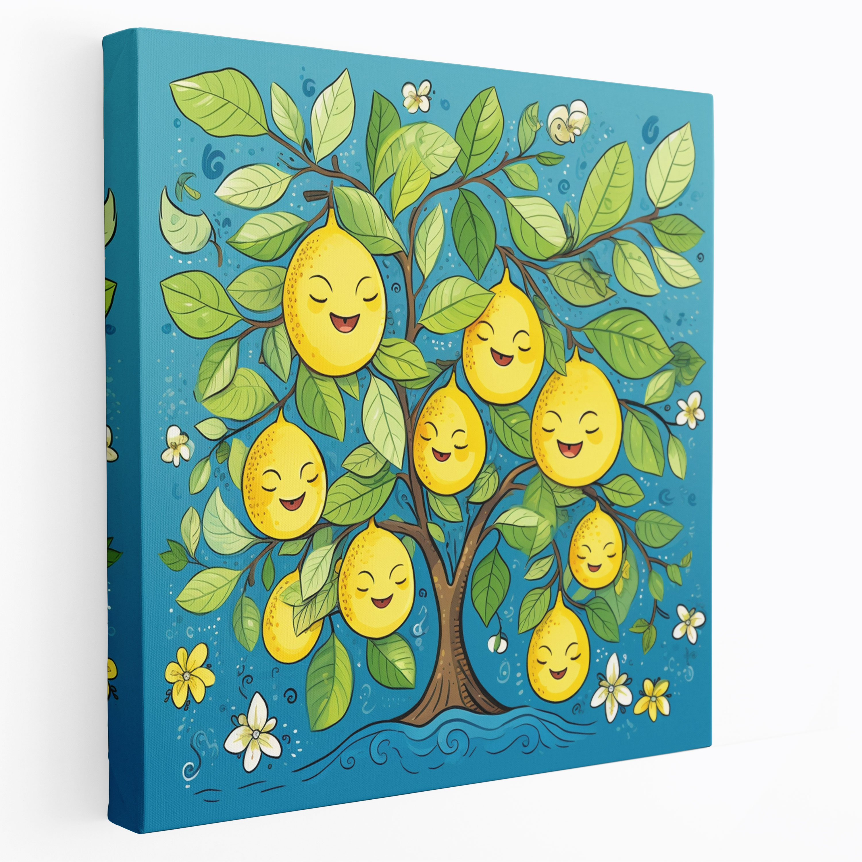 Cheerful Lemon Tree Wall Decoration - Lemon Tree, Cheerful Vibes, Whimsical Cartoon Illustration, Canvas