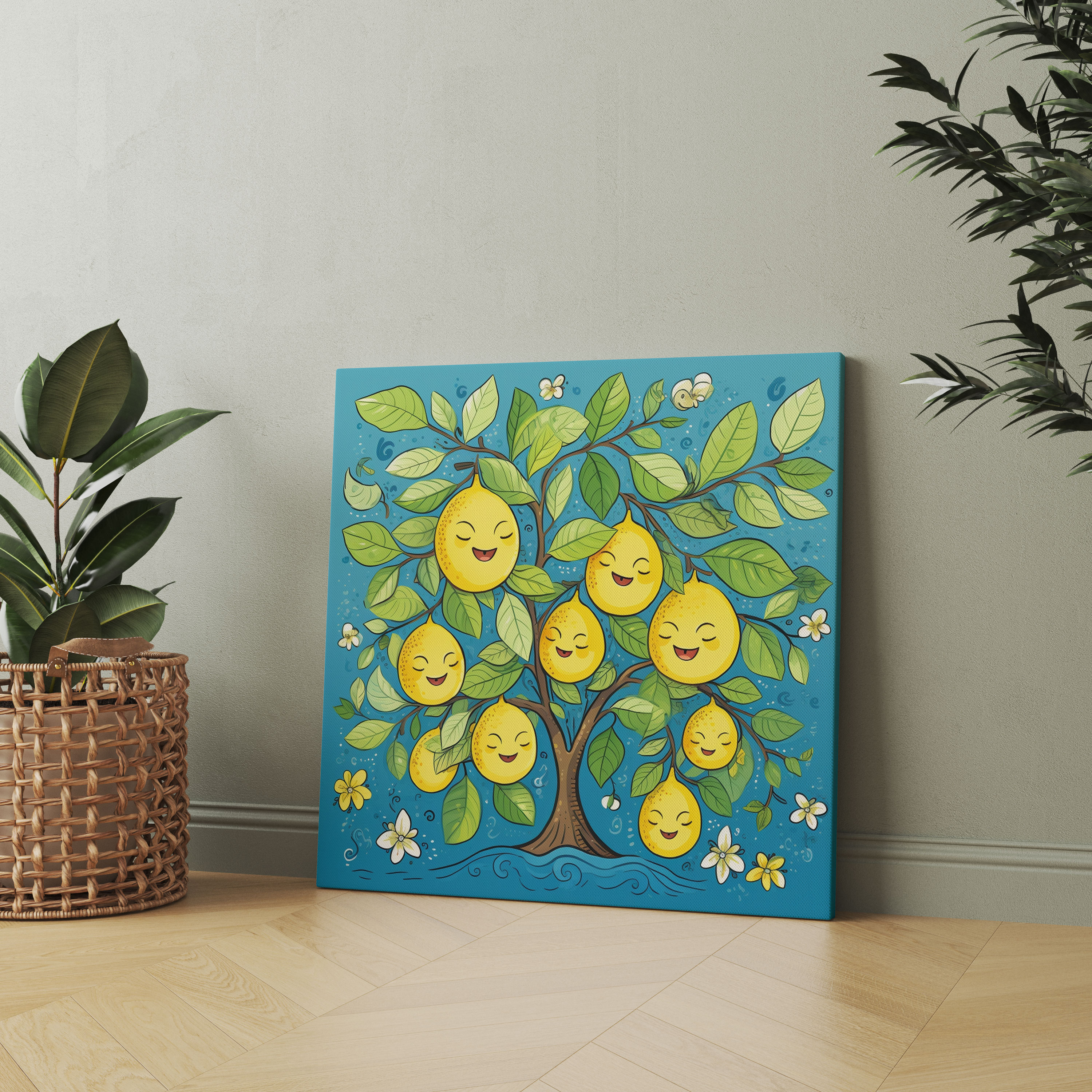 Cheerful Lemon Tree Wall Decoration - Lemon Tree, Cheerful Vibes, Whimsical Cartoon Illustration, Canvas