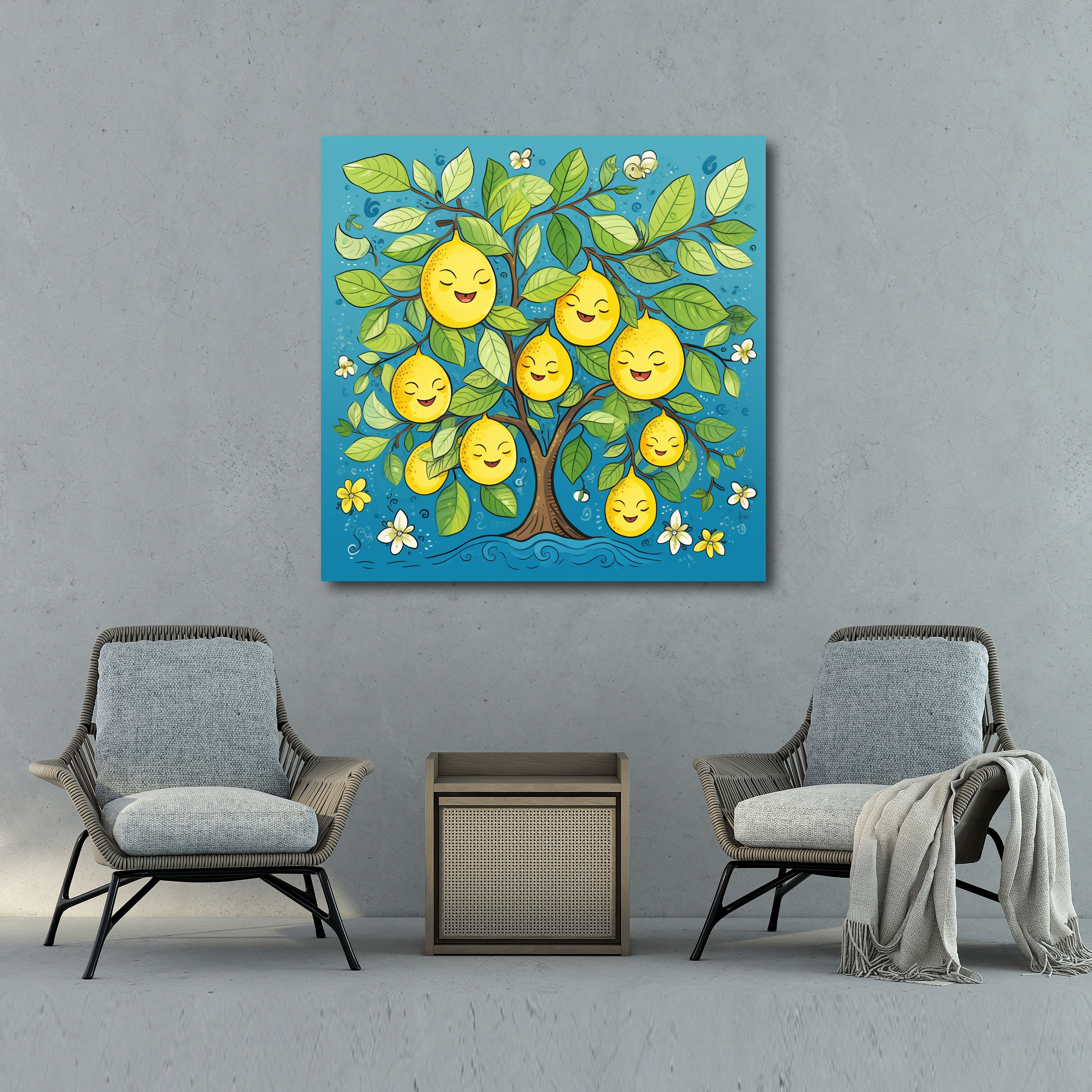 Cheerful Lemon Tree Wall Decoration - Lemon Tree, Cheerful Vibes, Whimsical Cartoon Illustration, Canvas