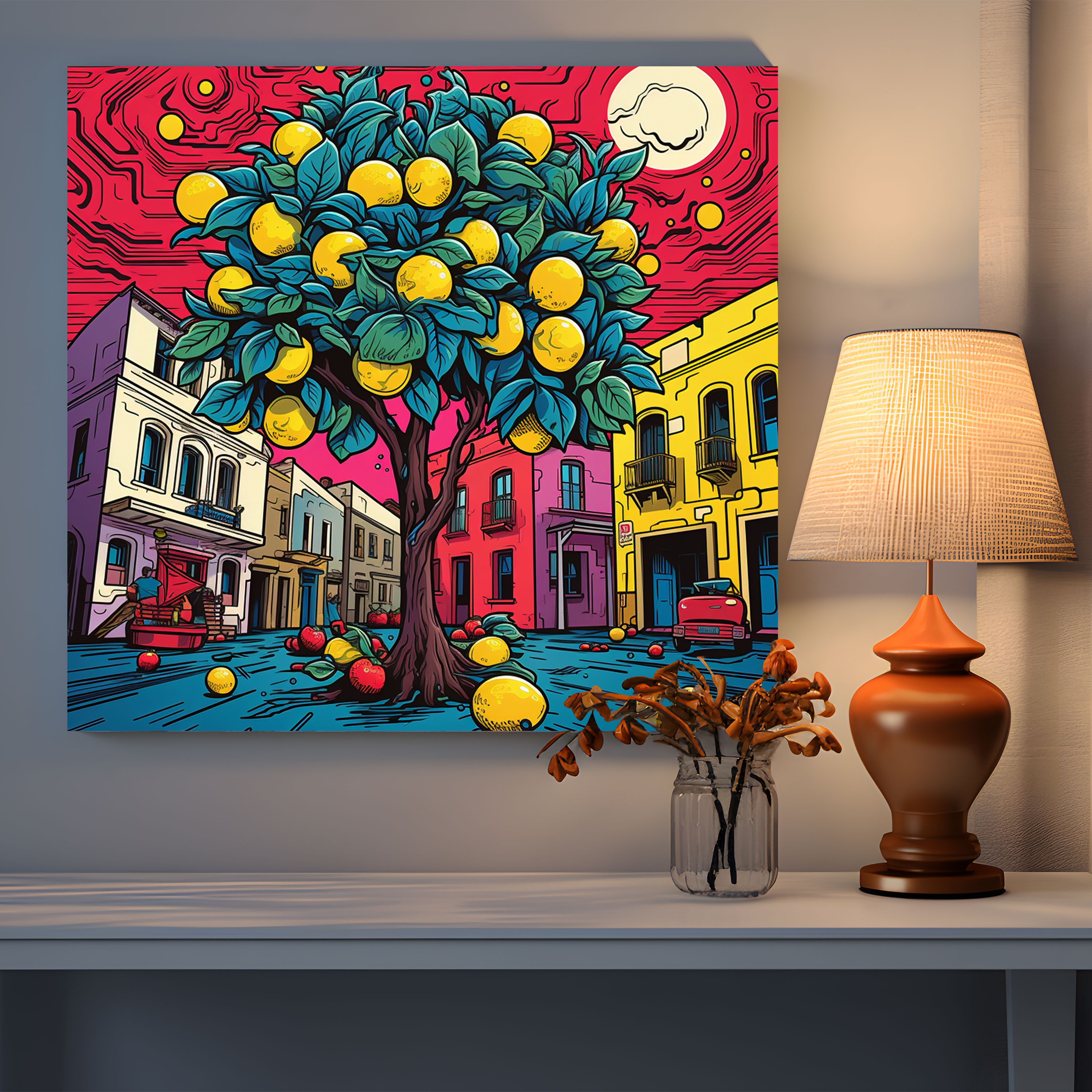 Pop Art Limon Ağacı Duvar Sanatı - Canlı Çizgi Roman Tarzı Elemanlarla Limon Ağacı Ev Dekorasyonu