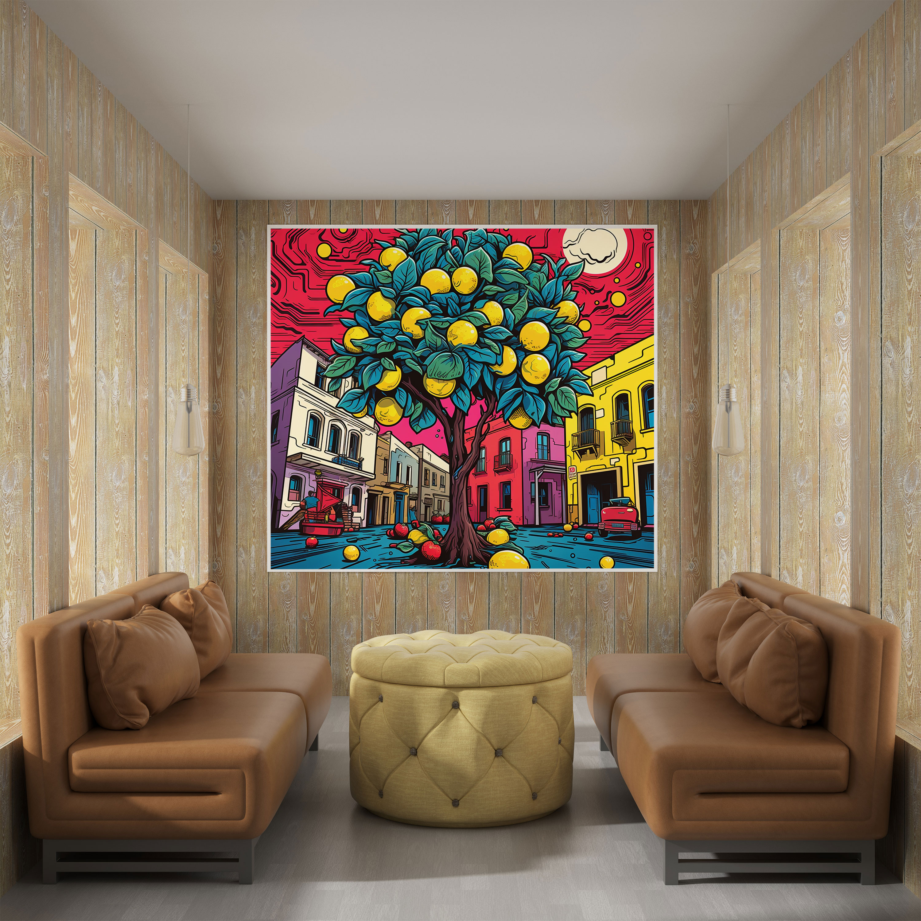 Pop Art Limon Ağacı Duvar Sanatı - Canlı Çizgi Roman Tarzı Elemanlarla Limon Ağacı Ev Dekorasyonu