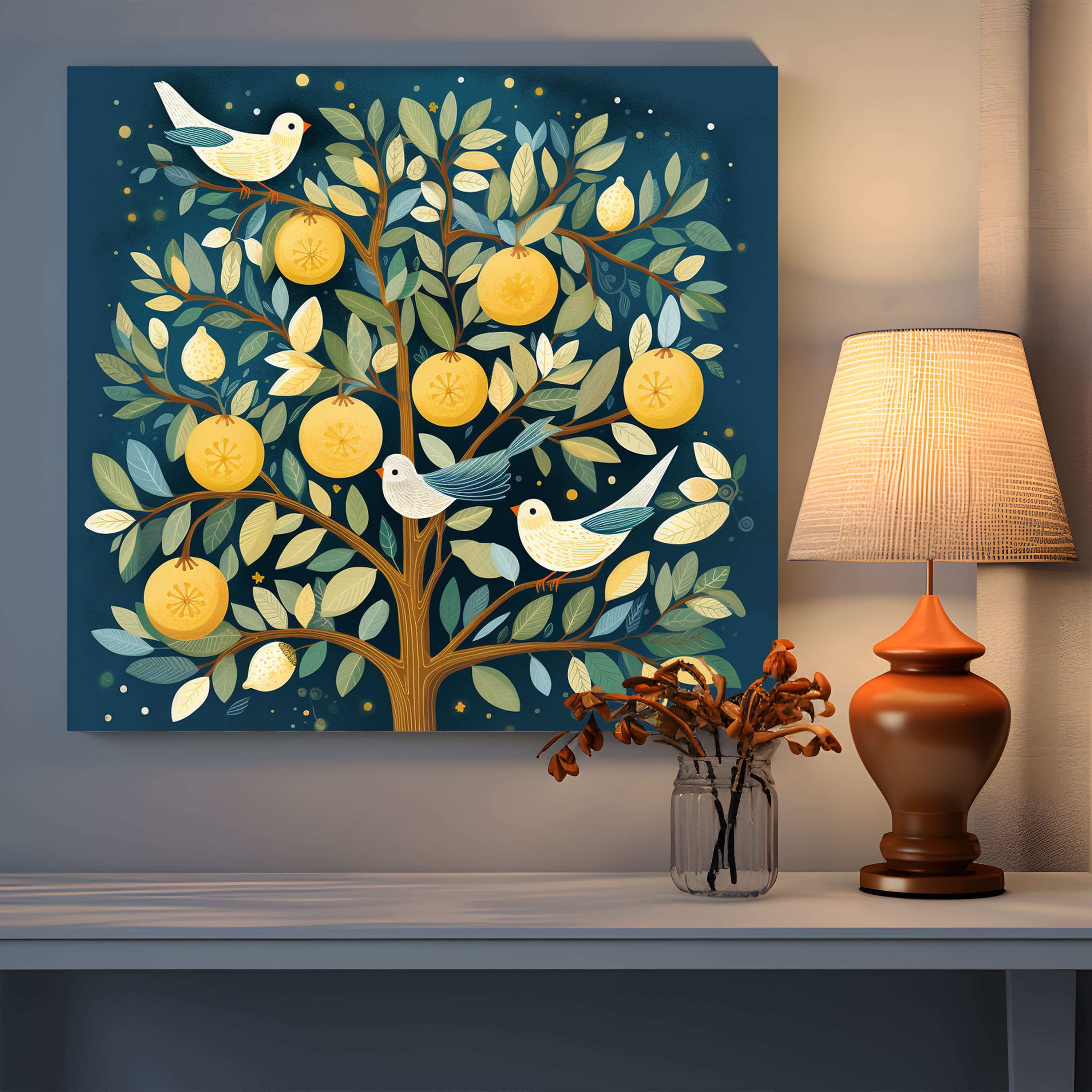 Limontree Duvar Sanatı - Masalsı İllüstrasyon Kanvas Tablo - Limon Ağacı Masalsı İllüstrasyon Oyunbaz Kuşlar Duvar Sanatı