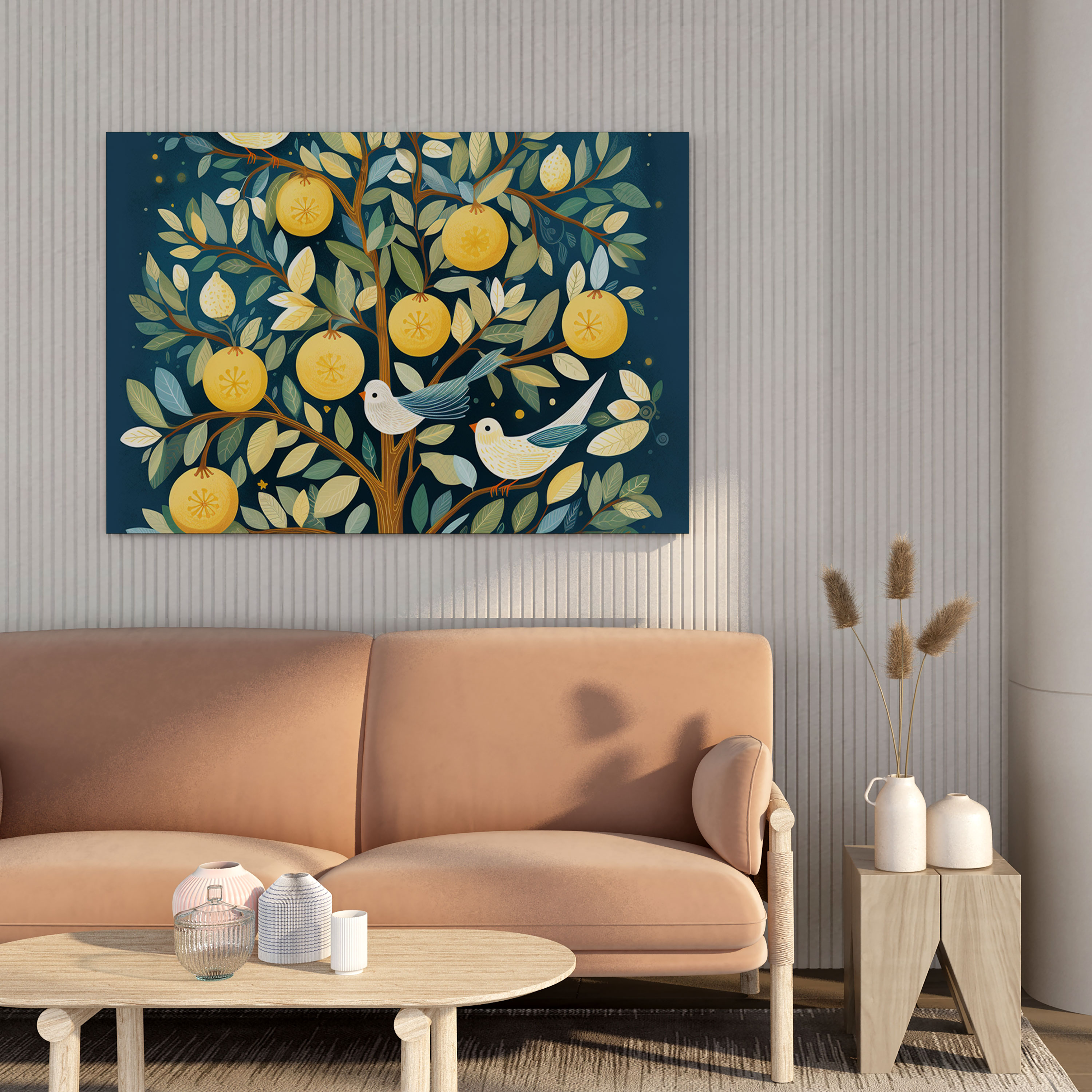 Limontree Duvar Sanatı - Masalsı İllüstrasyon Kanvas Tablo - Limon Ağacı Masalsı İllüstrasyon Oyunbaz Kuşlar Duvar Sanatı