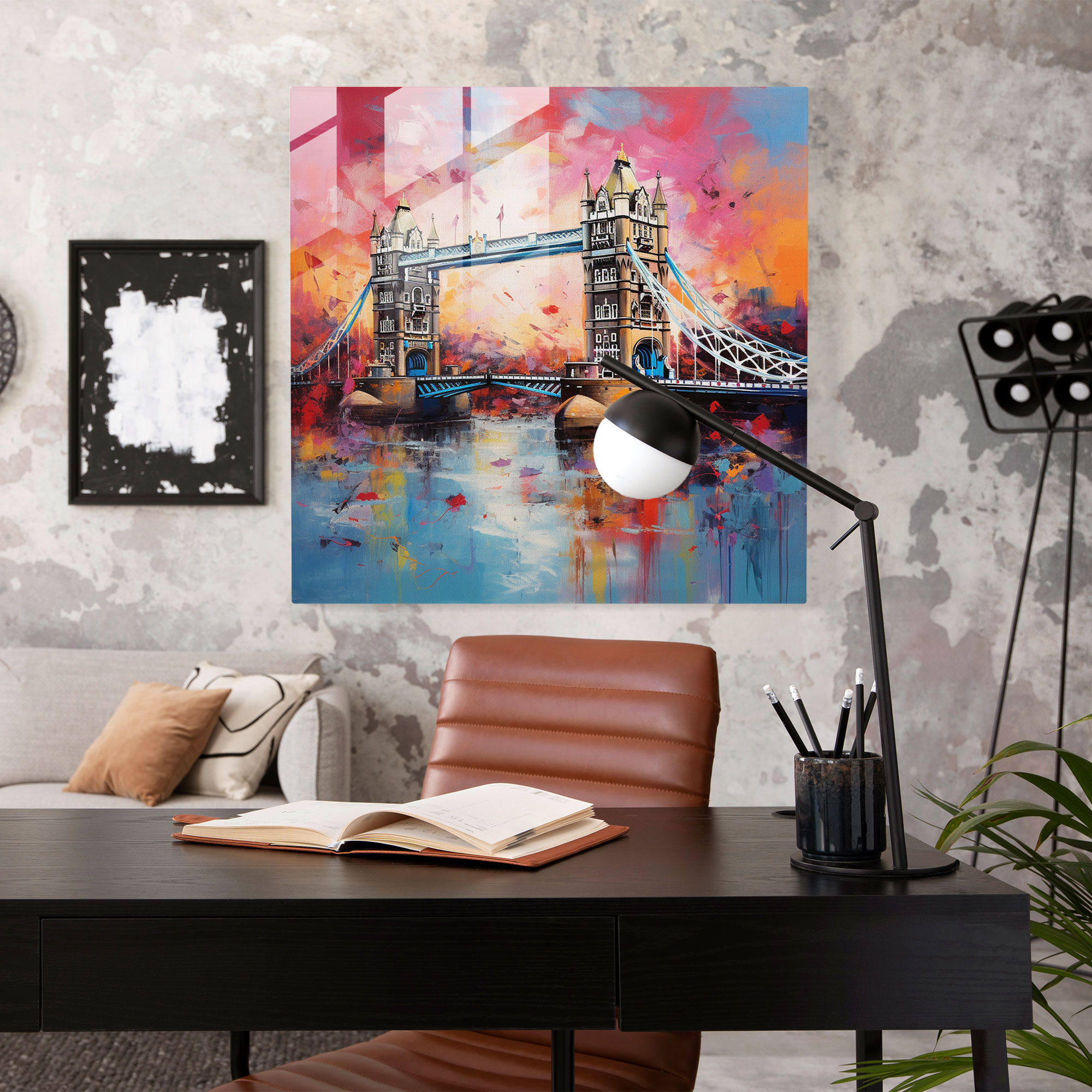 Moderne Kunstwerke: Tower Bridge Glasbild in Harmonie-Fusion