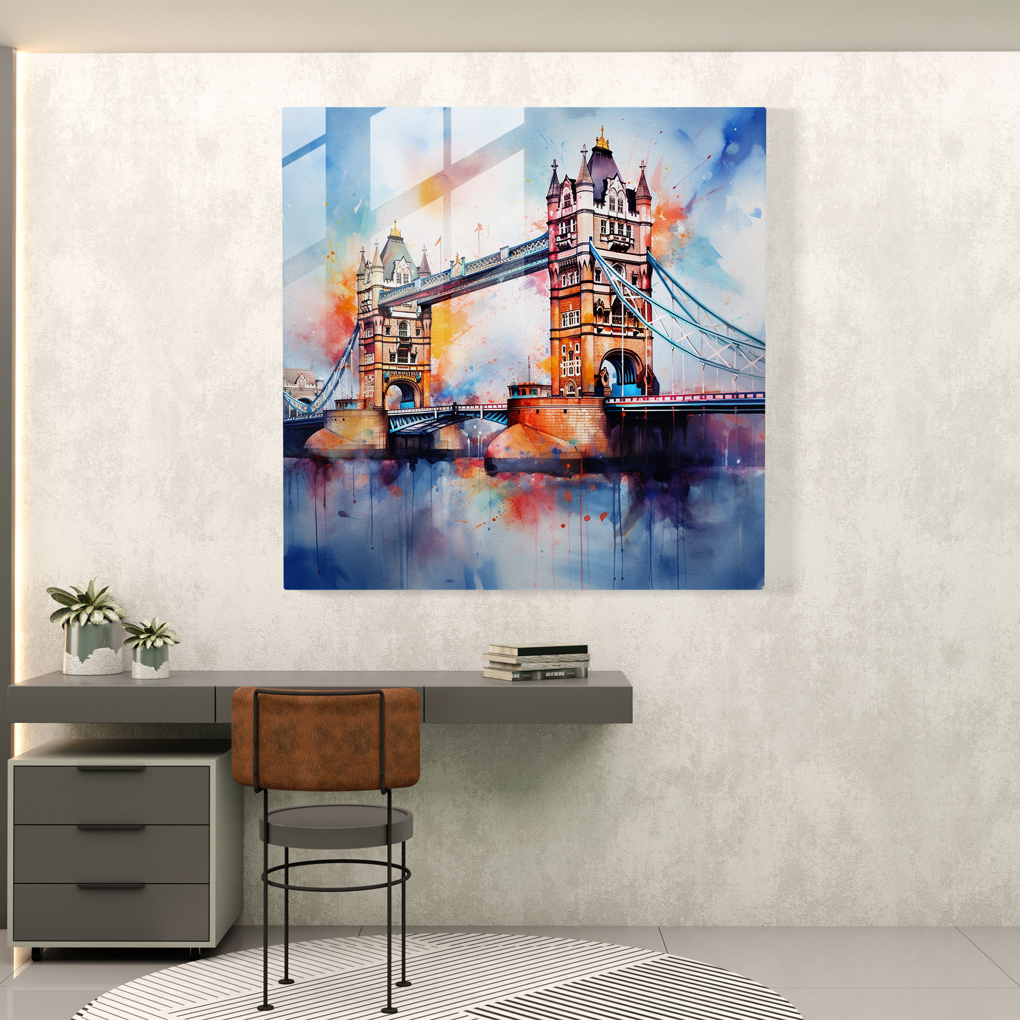 Ethereales Aquarell Tower Bridge Glasbild - Moderne Wanddekoration