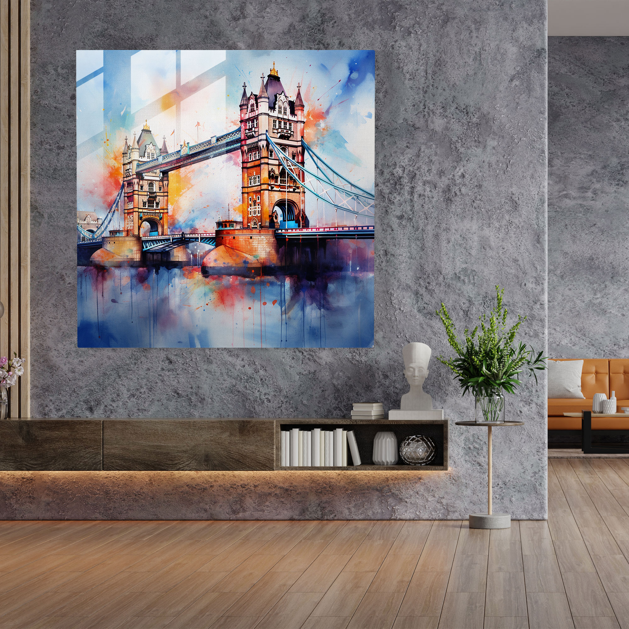 Ethereales Aquarell Tower Bridge Glasbild - Moderne Wanddekoration