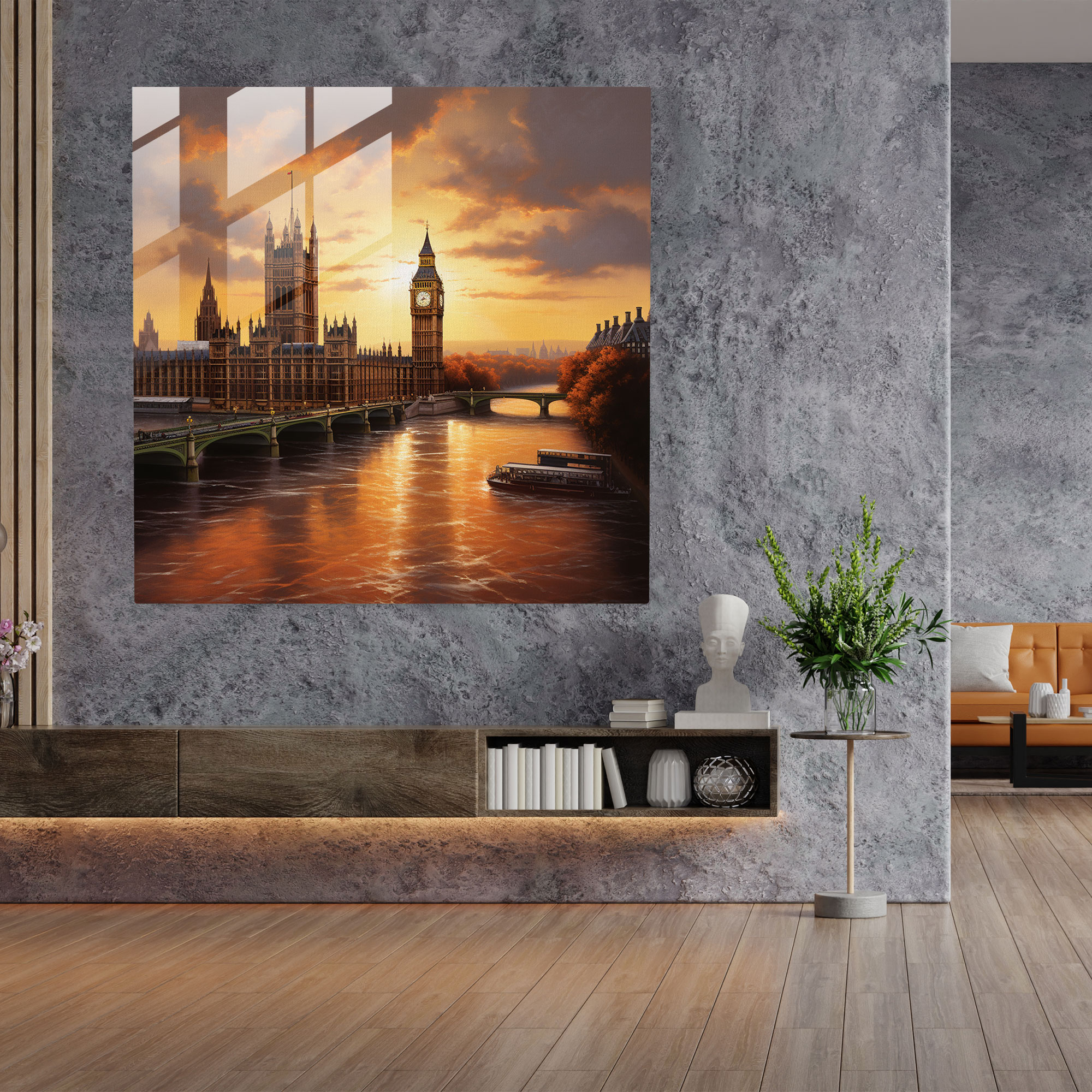 Faszinierender Sonnenuntergang am Big Ben Glasbild - Stilvolle Wanddekoration