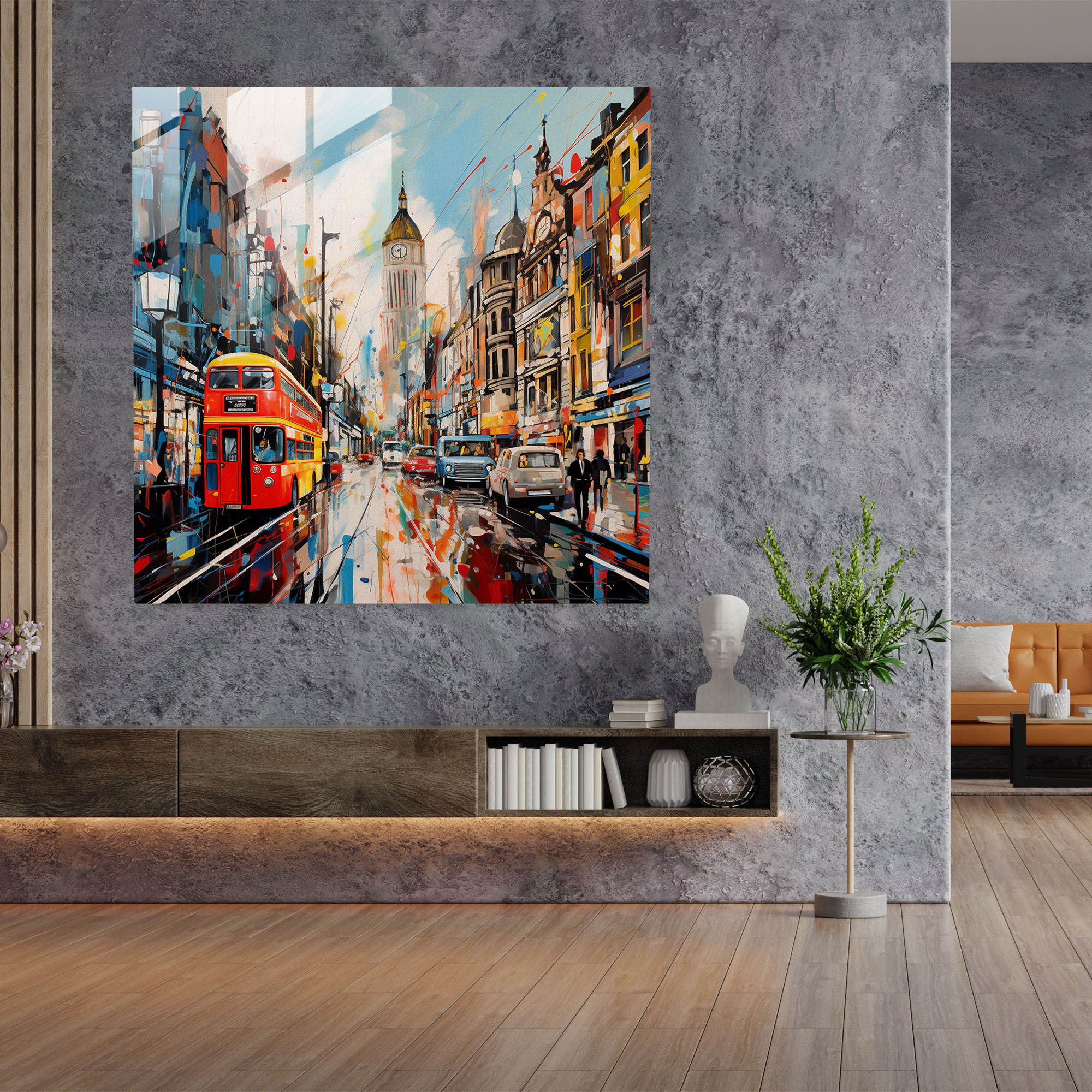 Dynamic Glass Print of Abstract Expressionist London Scene
