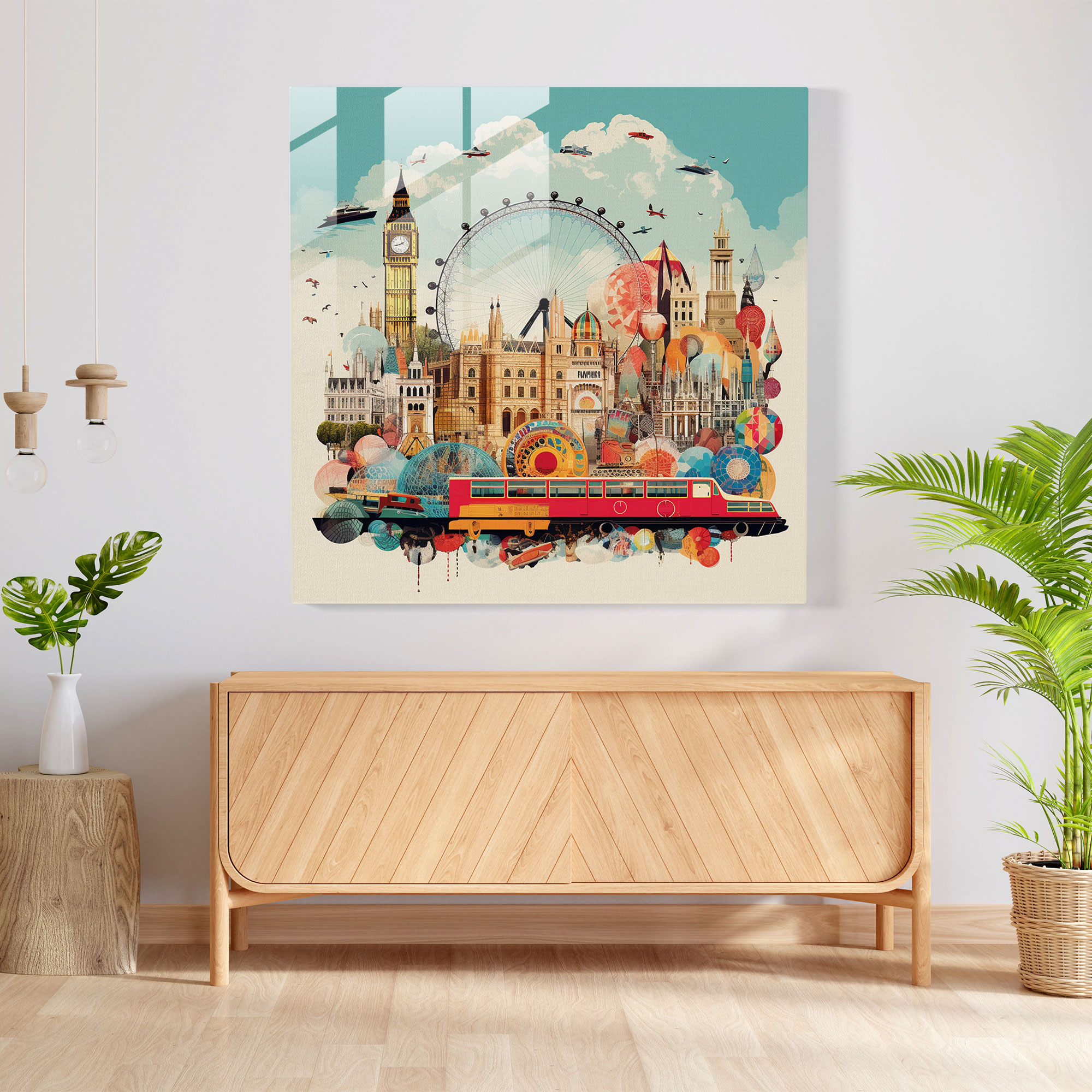 Lebendiges Glasbild zeitgenössischen Grafikdesigns inspiriert von London.