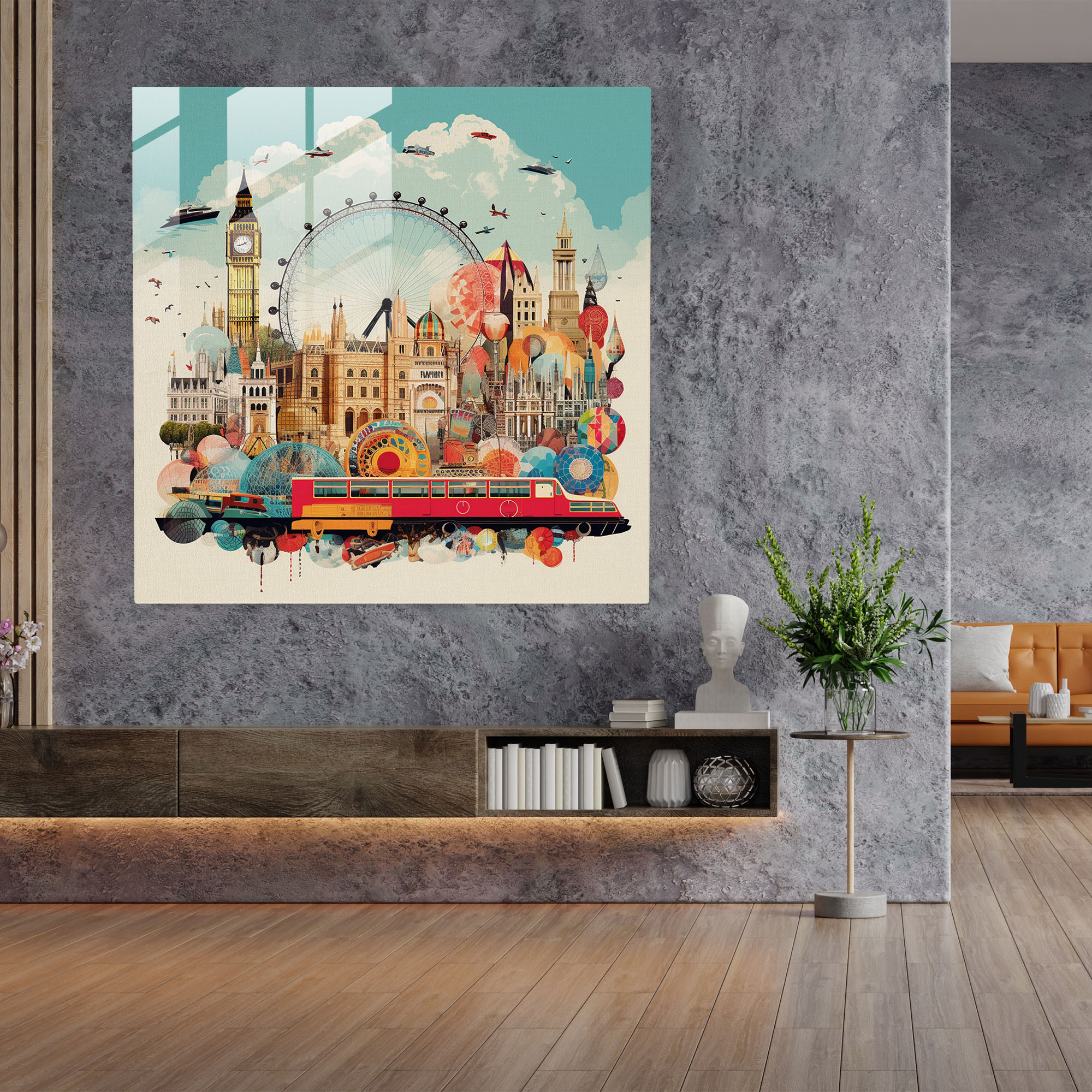 Lebendiges Glasbild zeitgenössischen Grafikdesigns inspiriert von London.