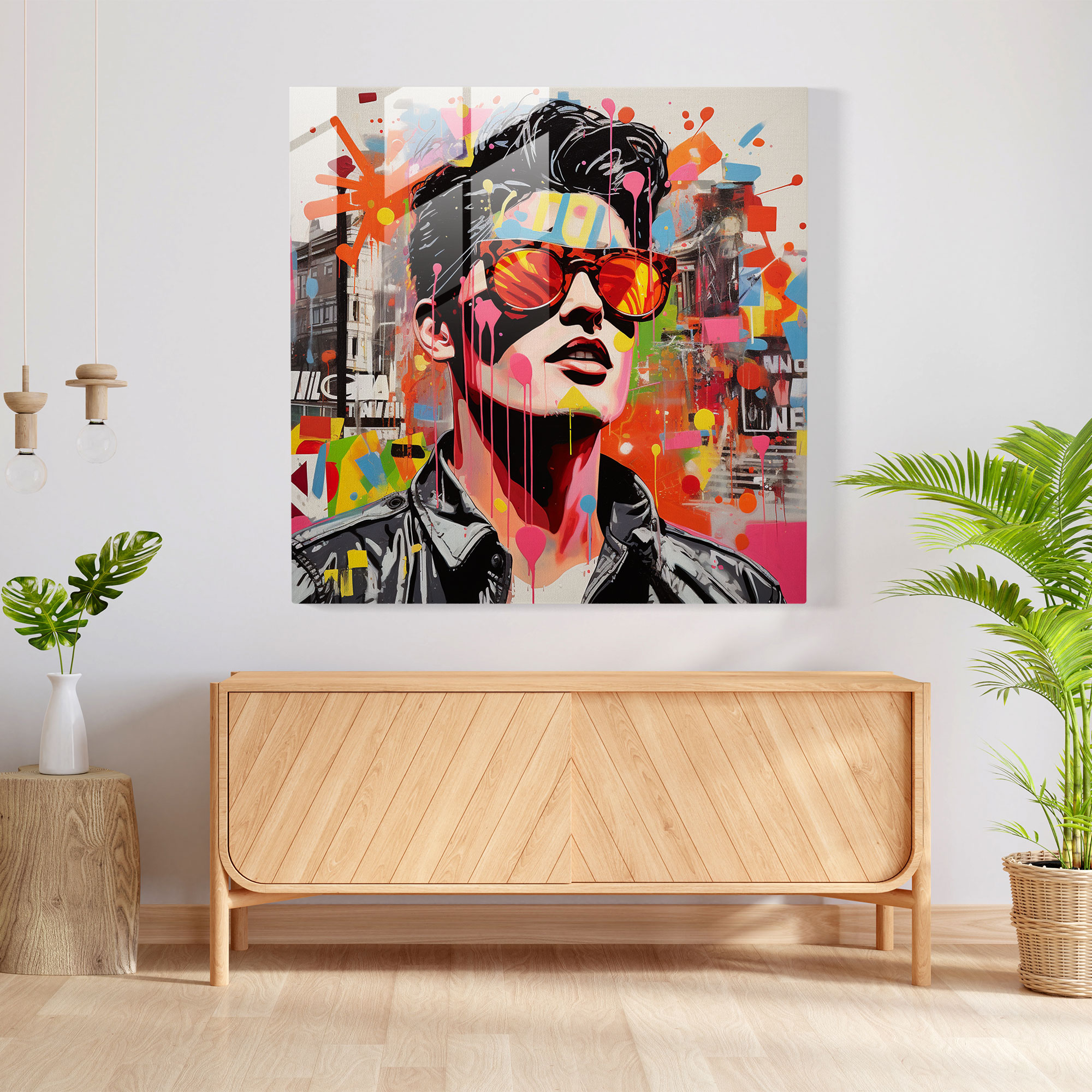 Lebhaftes Glasbild einer Pop-Art-Explosion das die Londoner Straßenkultur feiert.