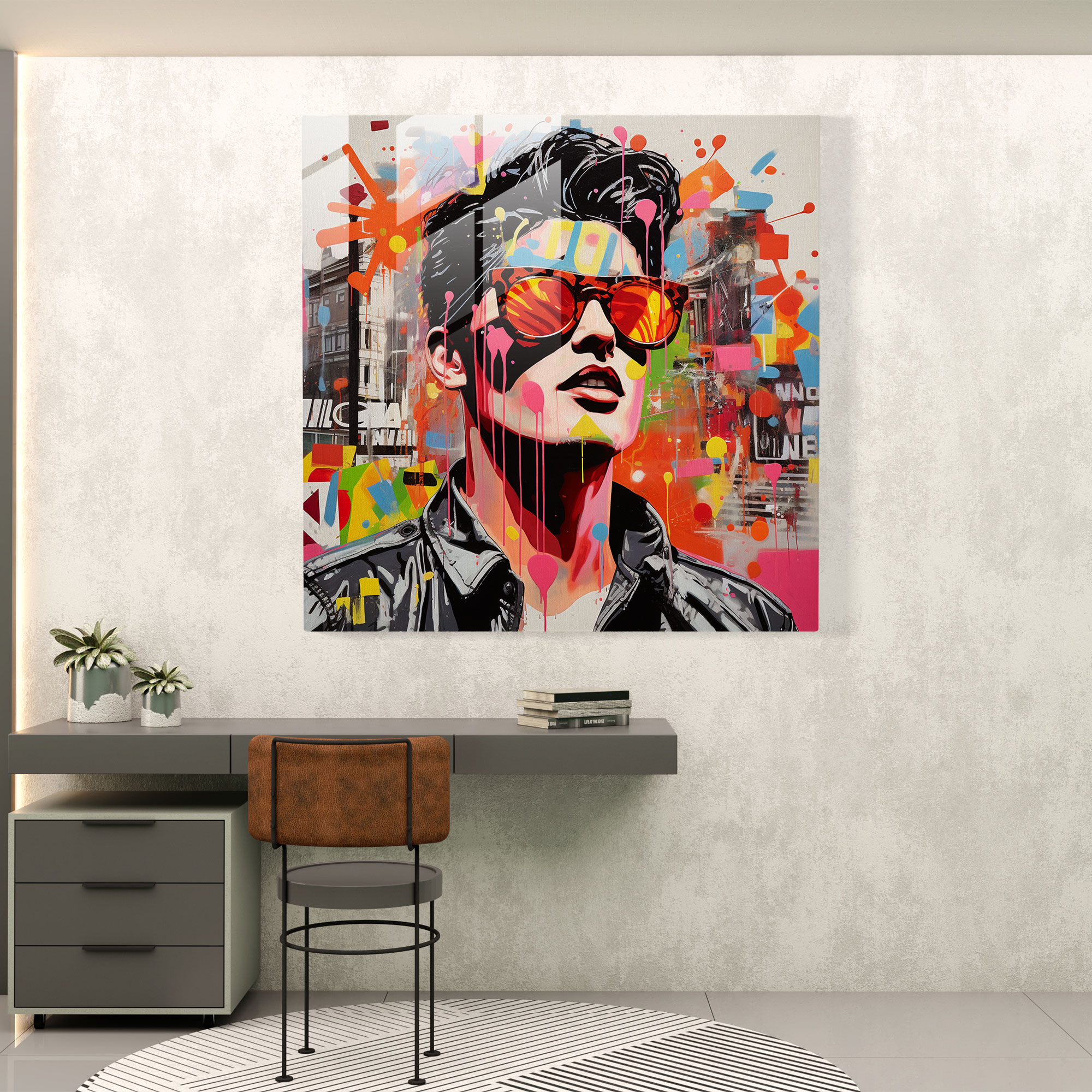 Lebhaftes Glasbild einer Pop-Art-Explosion das die Londoner Straßenkultur feiert.