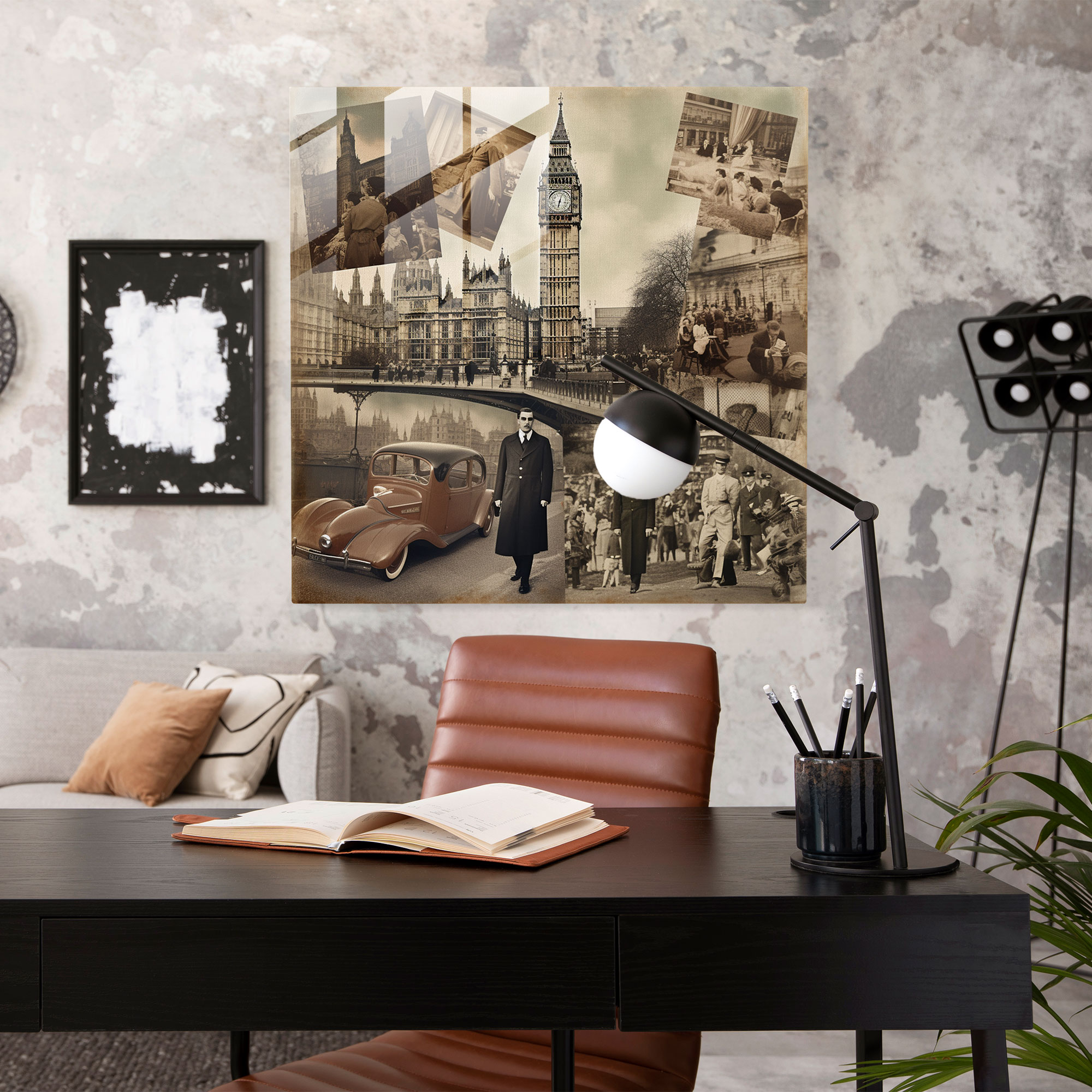 Collage aus zeitlosen Glasdrucken mit Vintage-Fotografien aus London