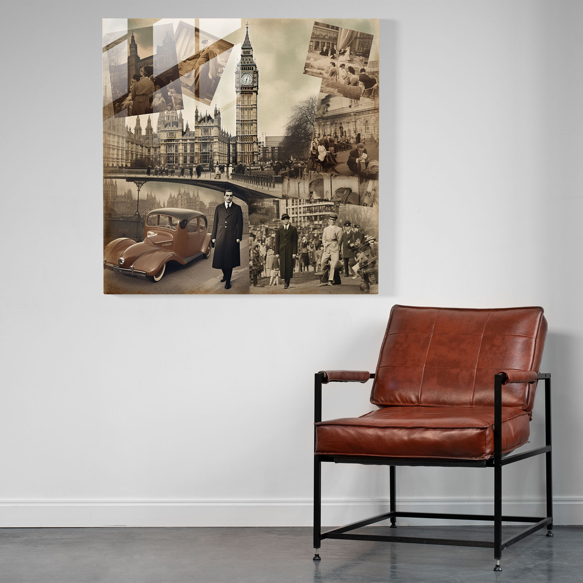 Collage aus zeitlosen Glasdrucken mit Vintage-Fotografien aus London