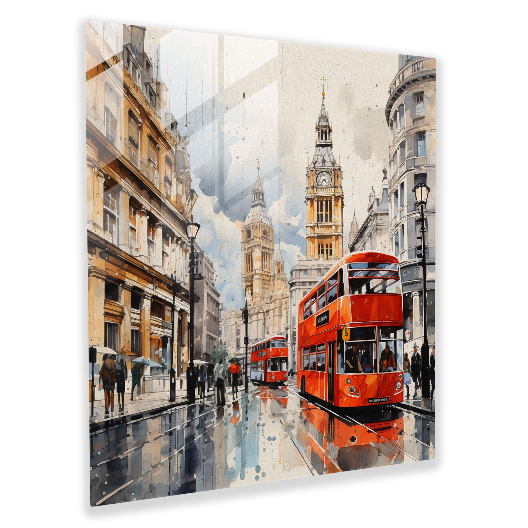 Elegantes Glasbild - Moderne Aquarell-Illustration der Londoner Skyline