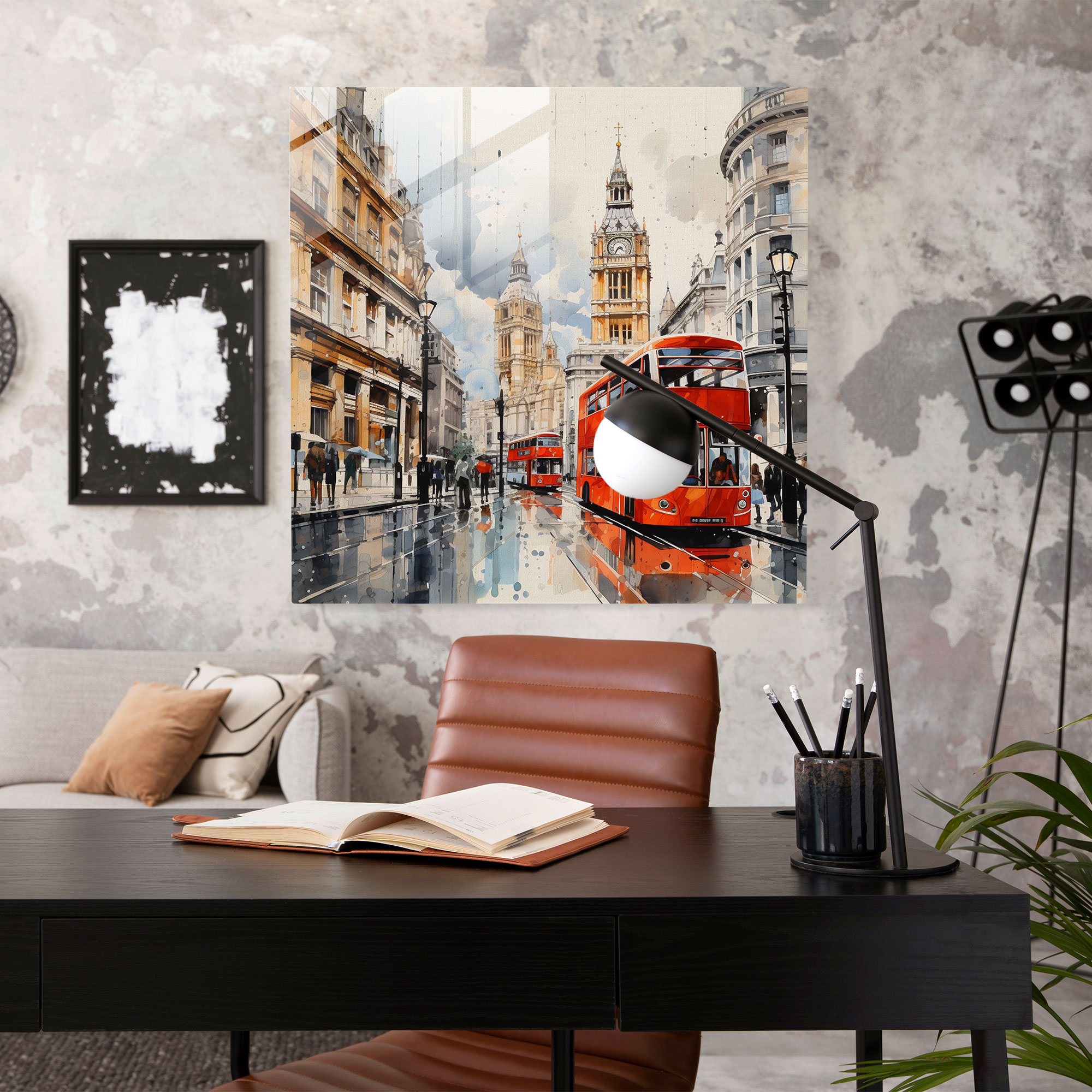 Elegantes Glasbild - Moderne Aquarell-Illustration der Londoner Skyline