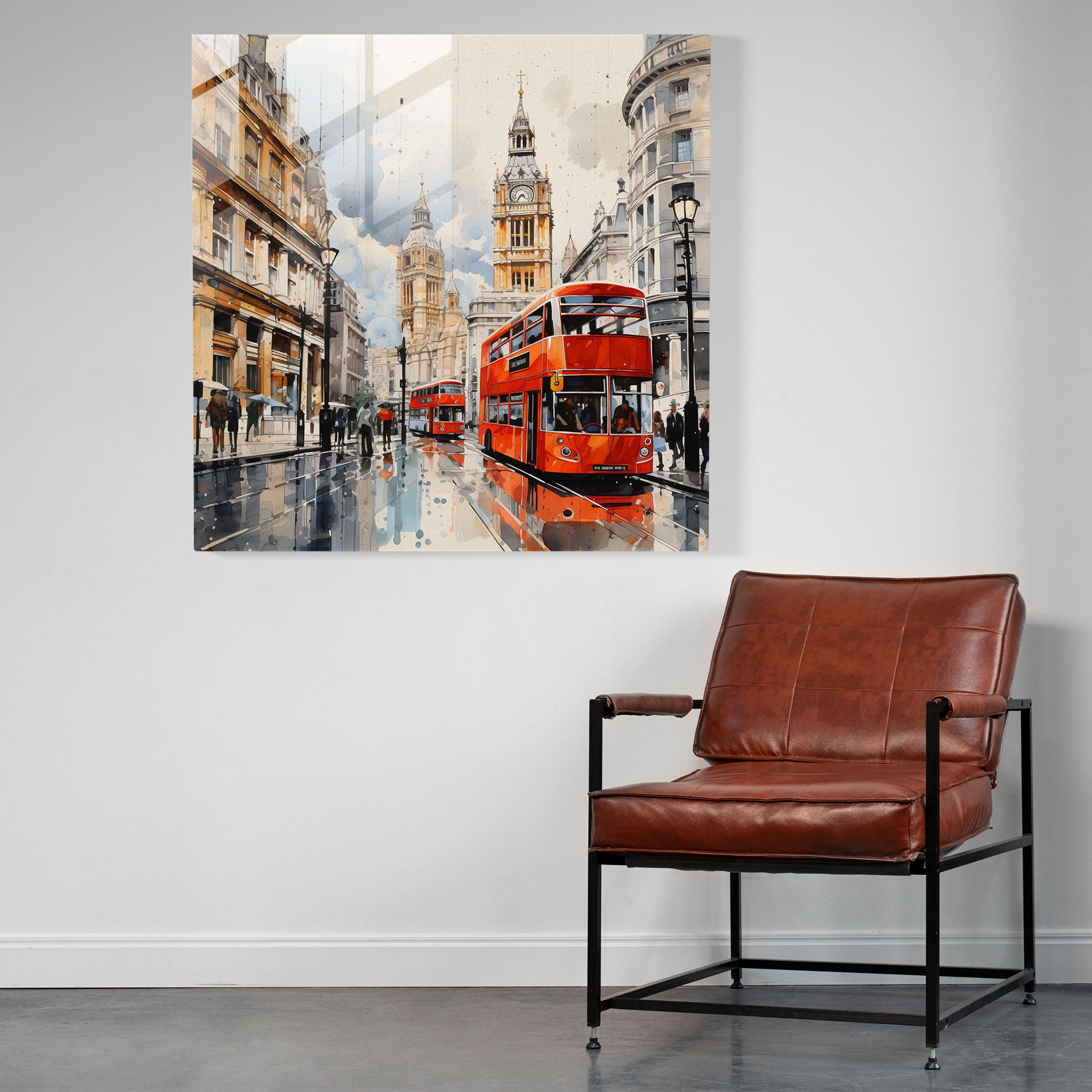 Elegantes Glasbild - Moderne Aquarell-Illustration der Londoner Skyline