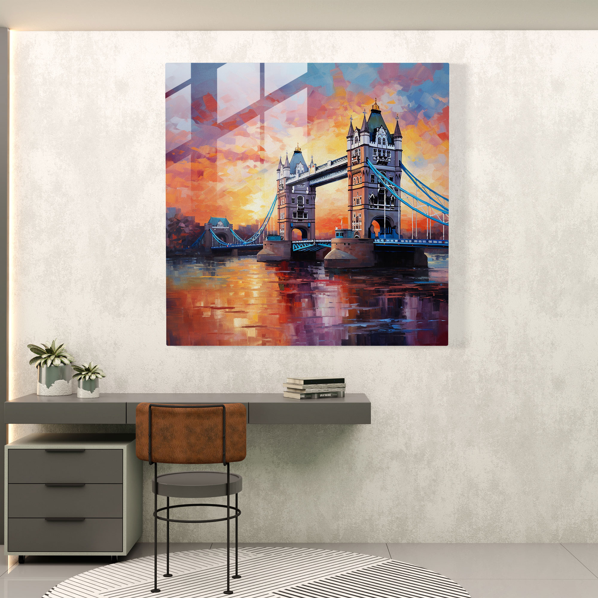 Verzauberndes Glasbild – Impressionistisches Acrylgemälde der Tower Bridge.