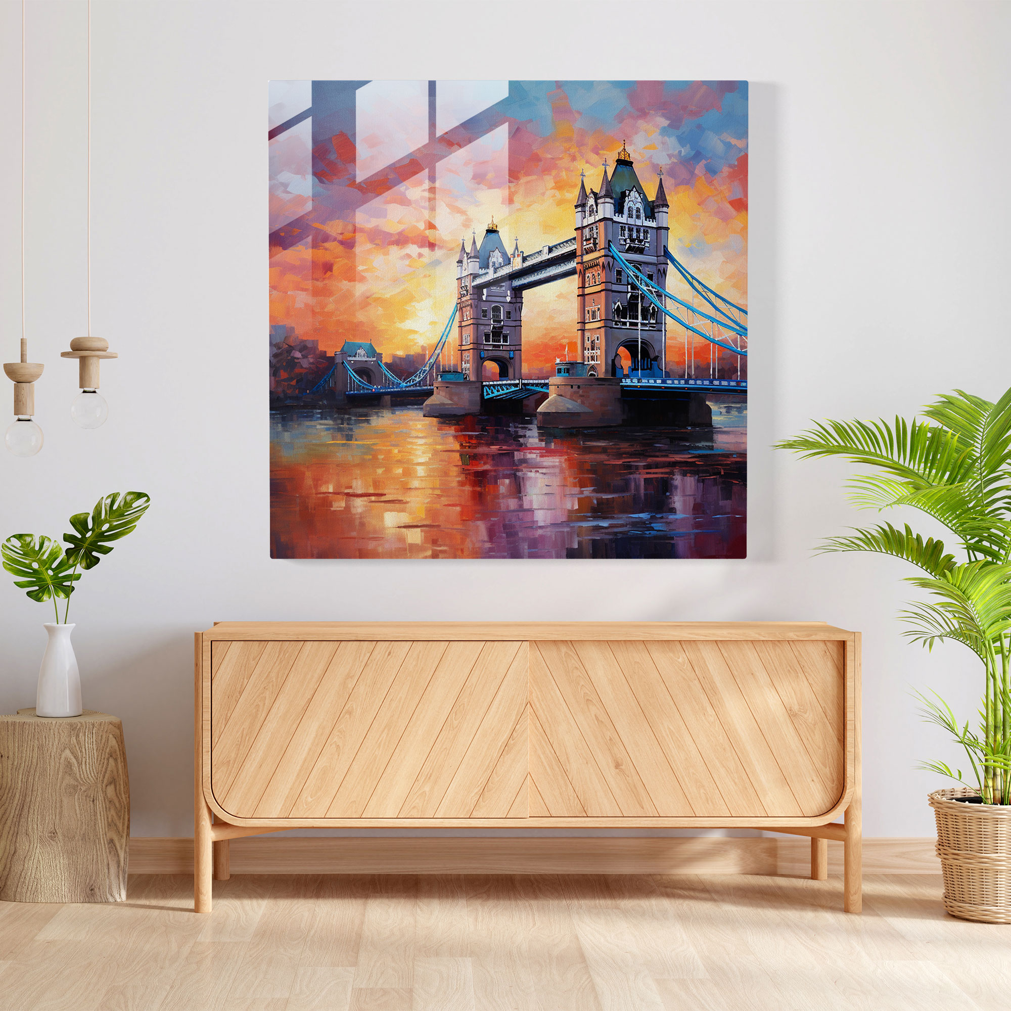 Verzauberndes Glasbild – Impressionistisches Acrylgemälde der Tower Bridge.