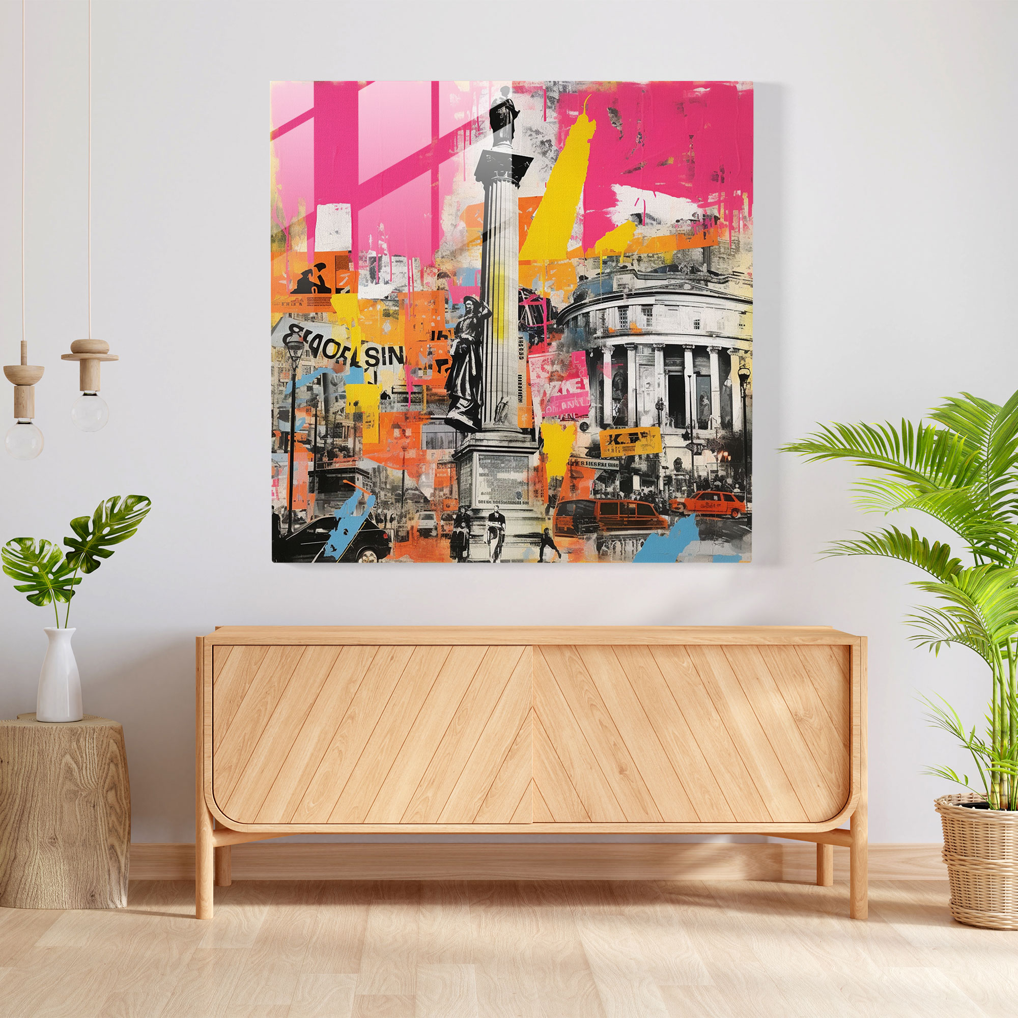 Lebendiges Glasbild - Pop-Art-inspirierte Collage von Trafalgar Square