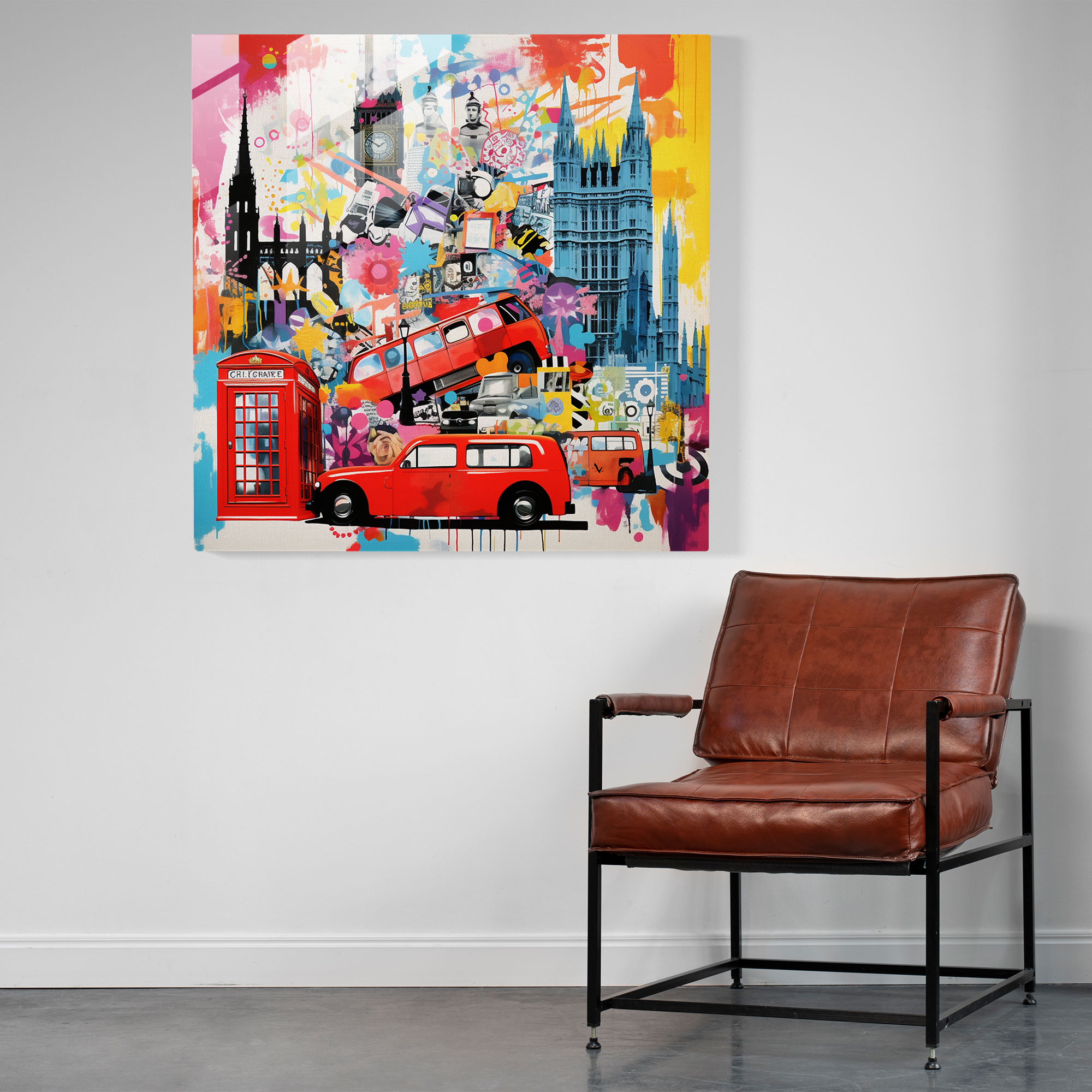 Lebendige Pop-Art Glas-Wandkunst - London Icons Collage