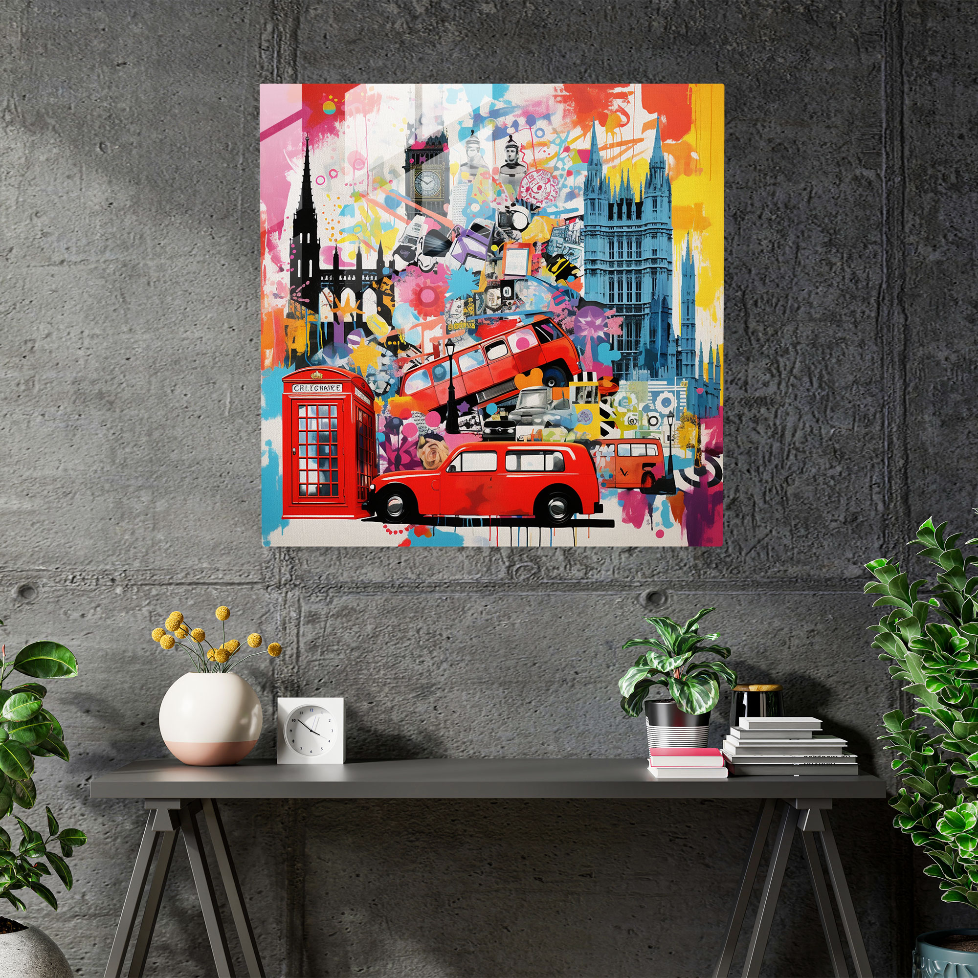 Lebendige Pop-Art Glas-Wandkunst - London Icons Collage