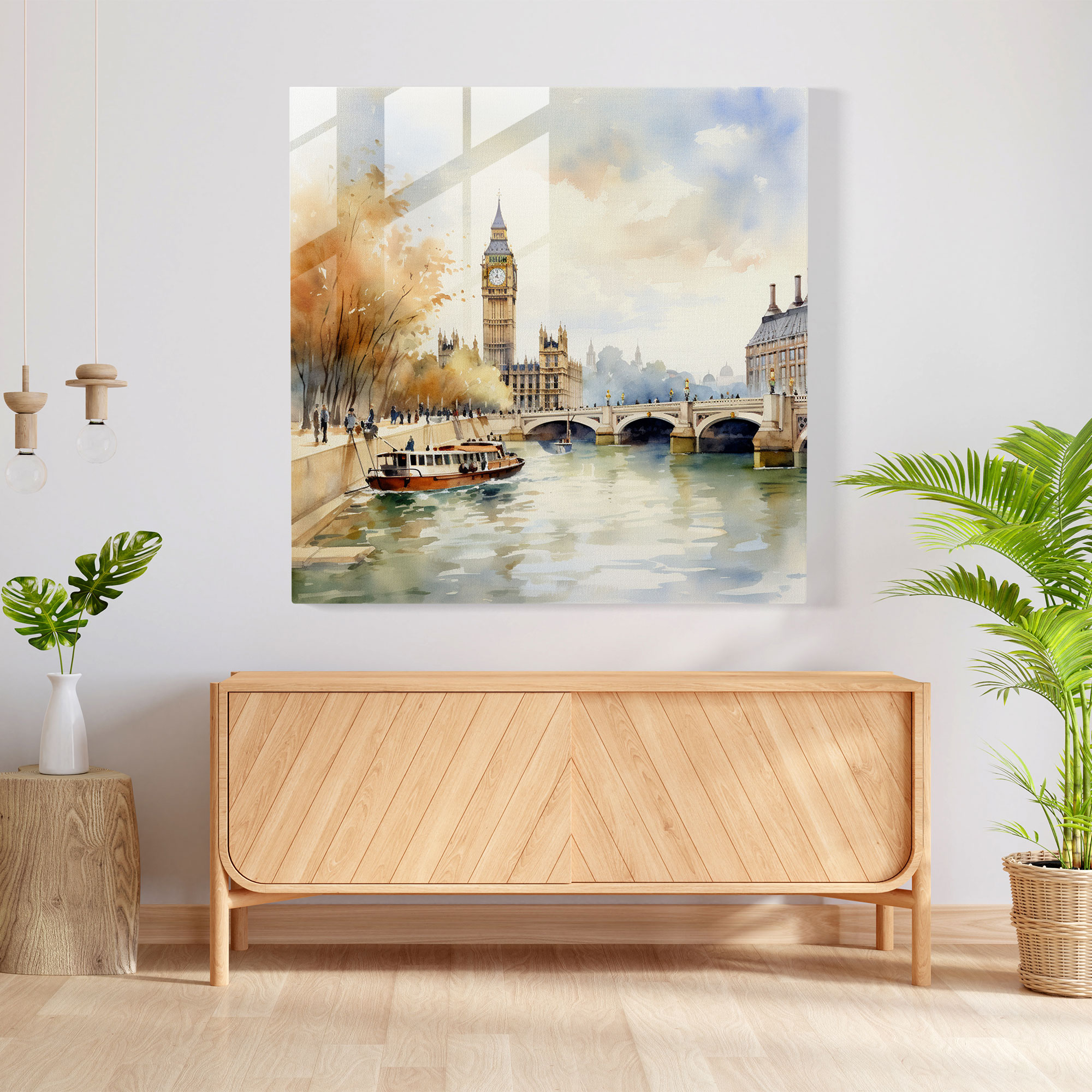 Aqua Dusk Glasbild - Stilles Themse-Fluss Glaswandkunst
