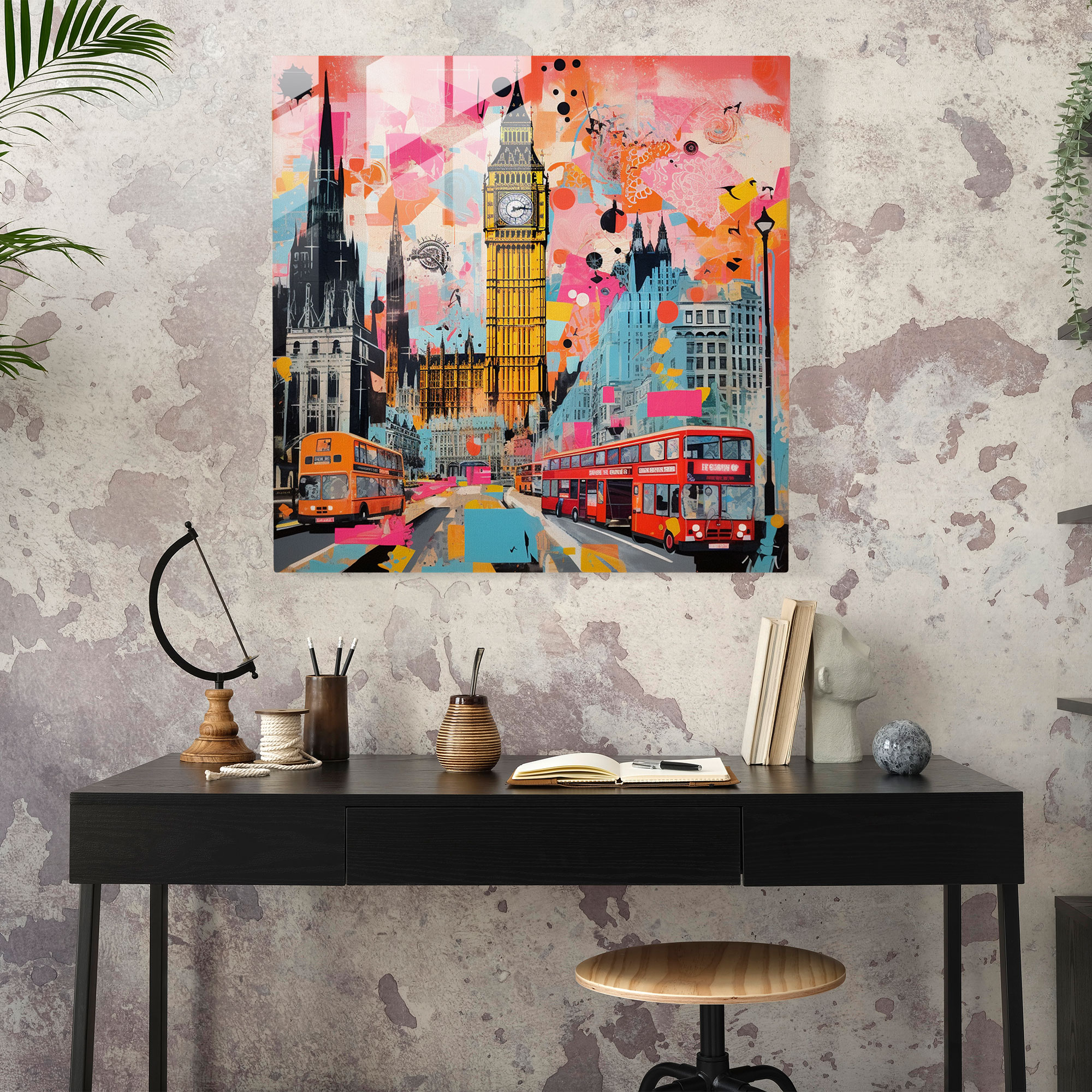 Eclectic Marvels Glass Print - London Landmarks Pop Art Glass Wall Art