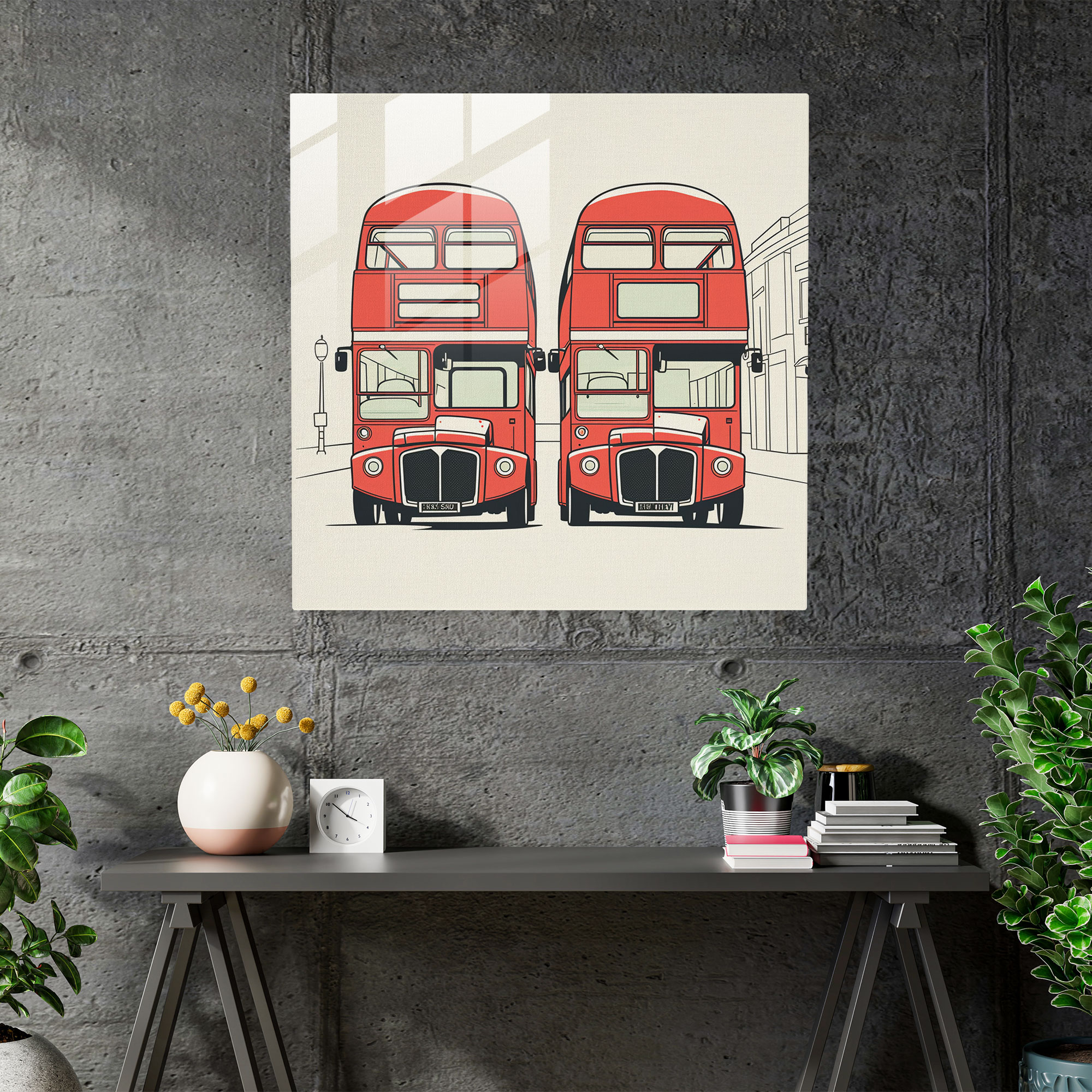 Glasbild Stadtbild London Doppeldecker Minimalistisches Glas-Wandkunstwerk