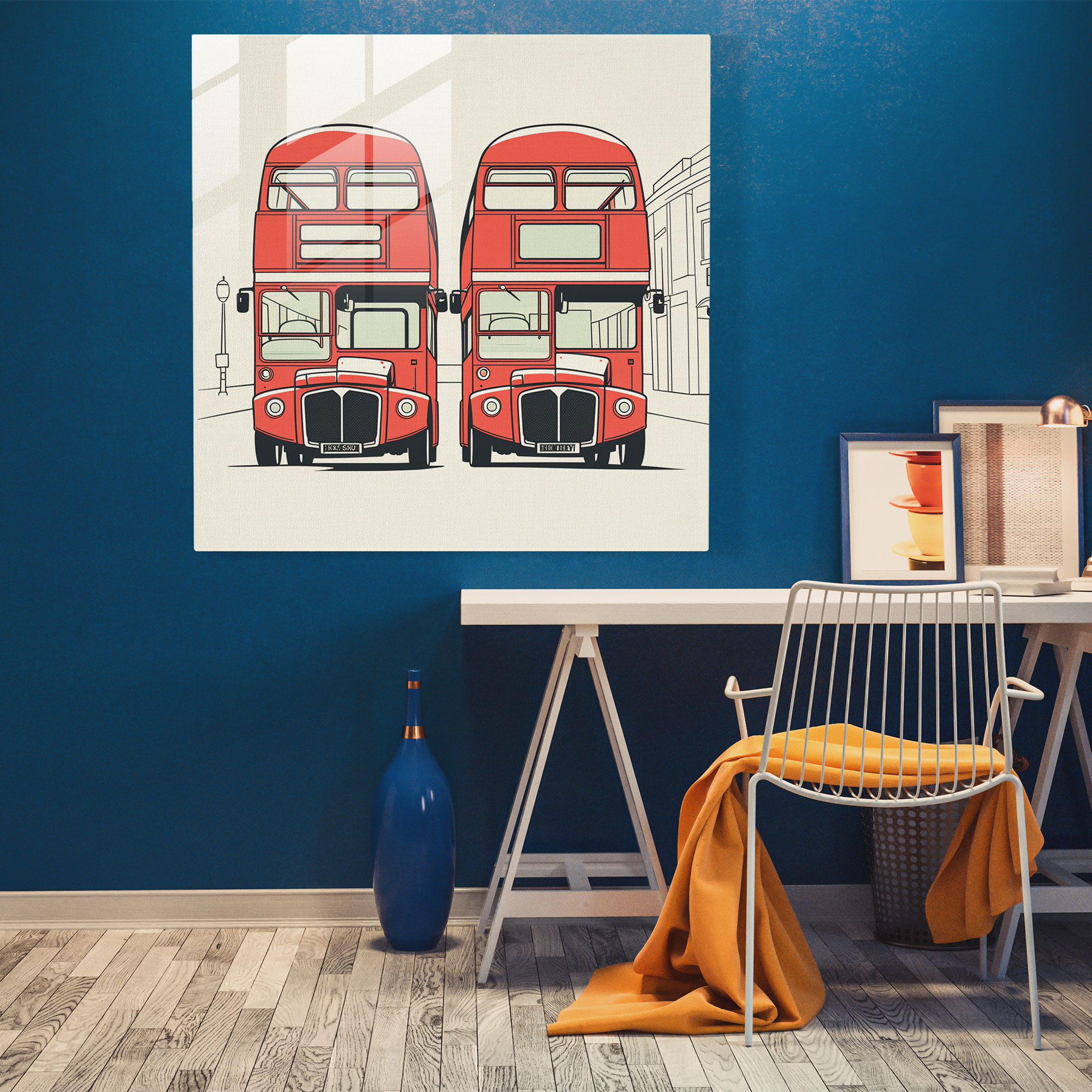 Glasbild Stadtbild London Doppeldecker Minimalistisches Glas-Wandkunstwerk