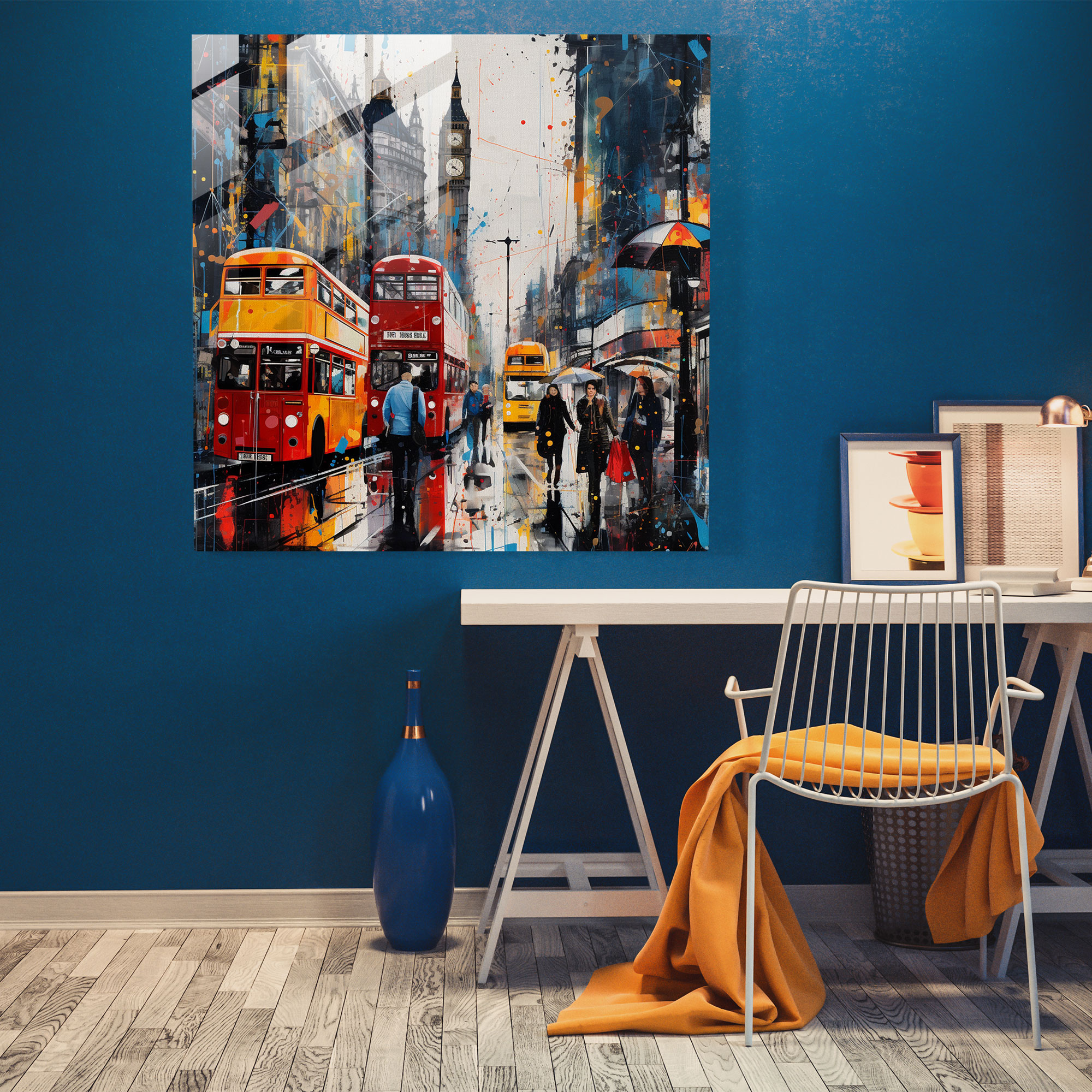 Lebhafte städtische Atmosphäre Glasbilder - Mixed-Media-Kunstwerk einer lebendigen Straßenszene in London - Moderne Wanddekoration