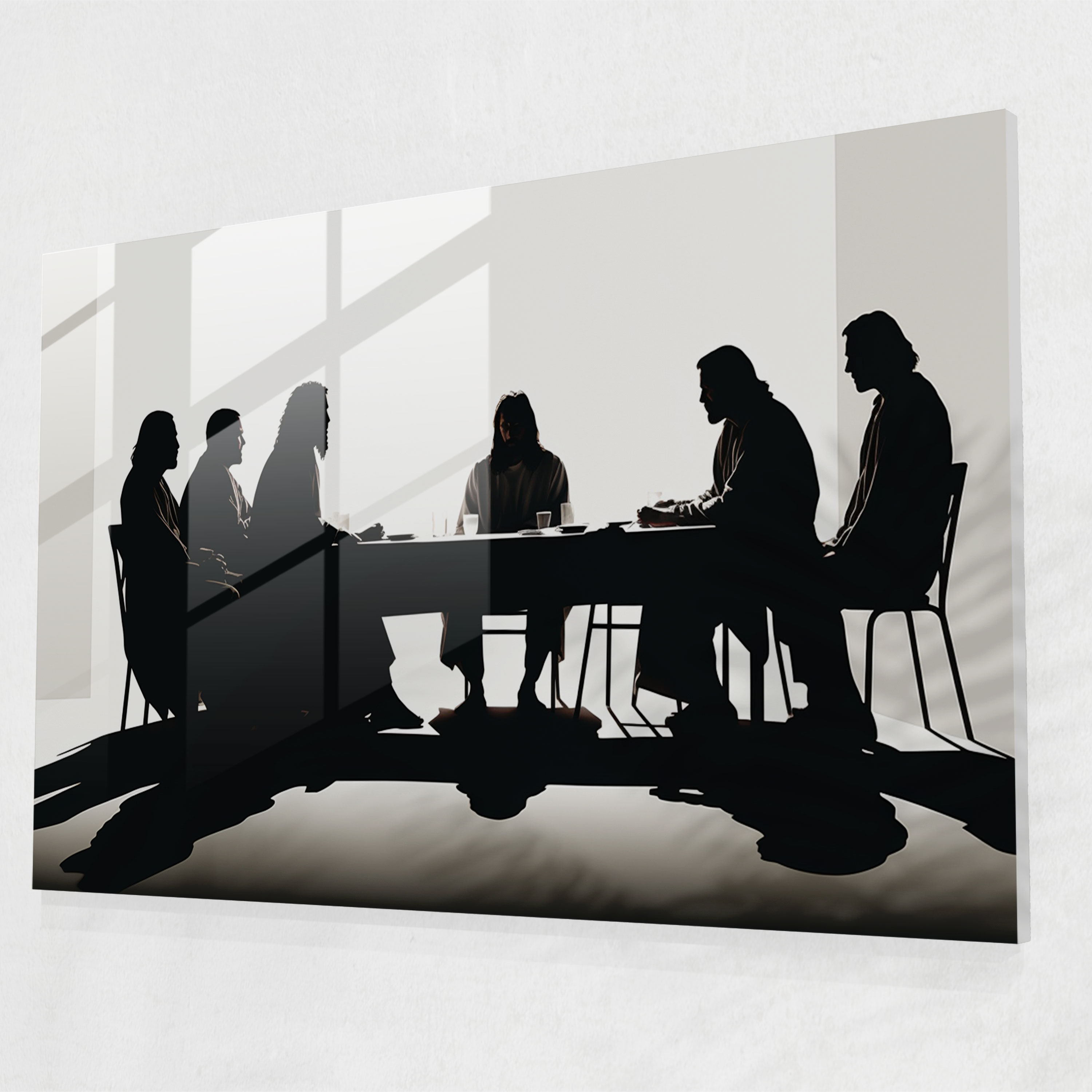 Glasbild in minimalistischem Stil - Das letzte Abendmahl Jesu Christi minimalistische Kunst monochromes Farbschema Gefühl der Ruhe.